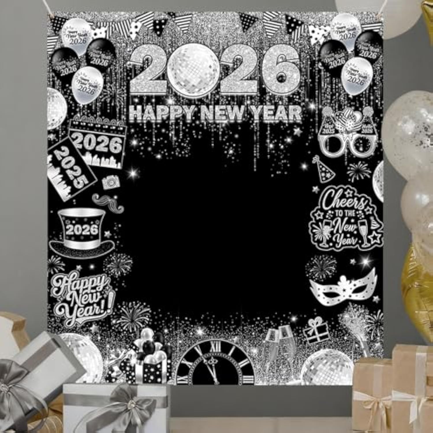 Happy New Year 2026 Photo Backdrop 70.8x78.7in Silver Disco Party Banner