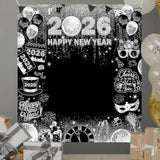 Happy New Year 2026 Photo Backdrop 70.8x78.7in Silver Disco Party Banner