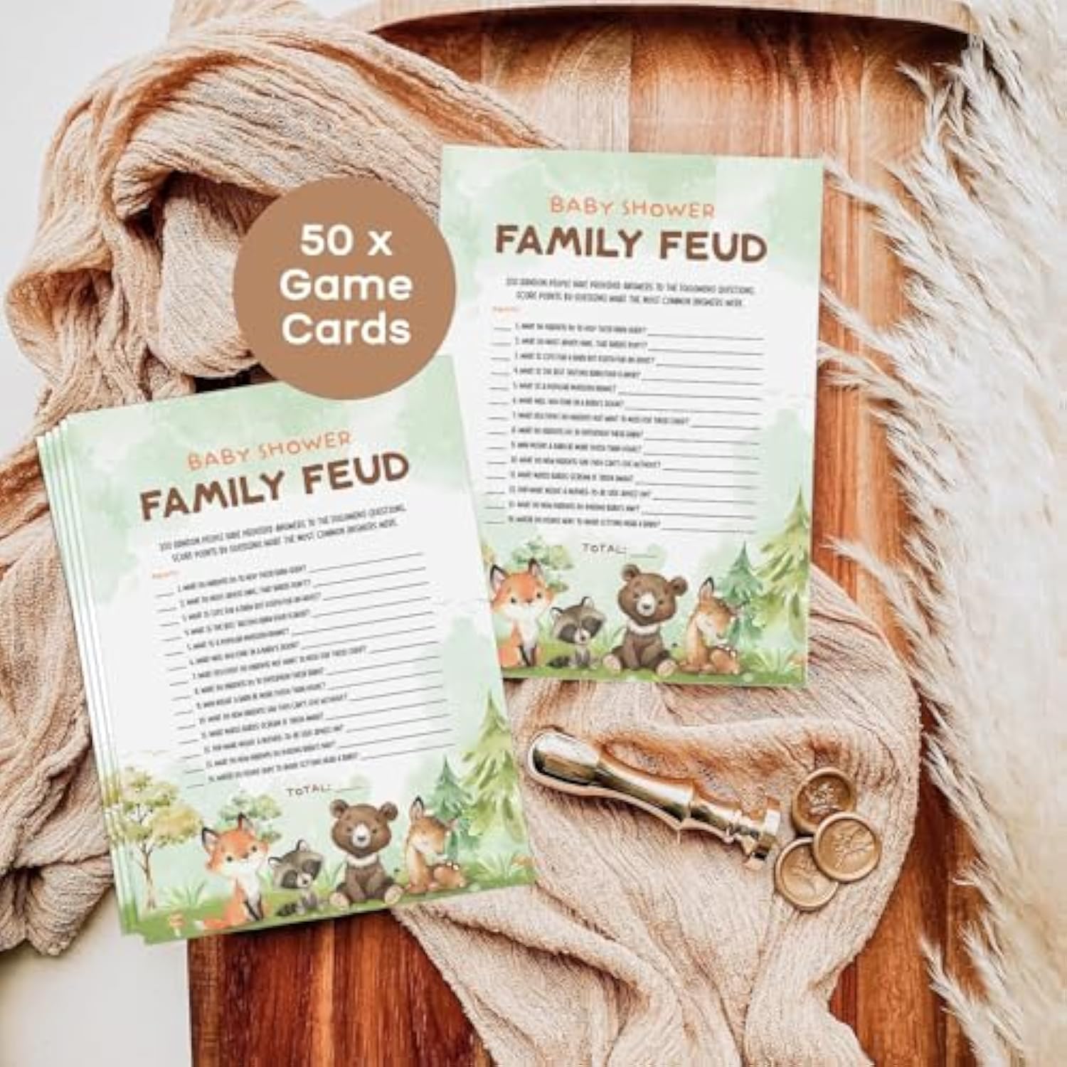 50 Baby Shower Family Feud Game Cards, Woodland Baby Shower Games Activity For Girl Or Boy, Gender Neutral, Woodland Theme