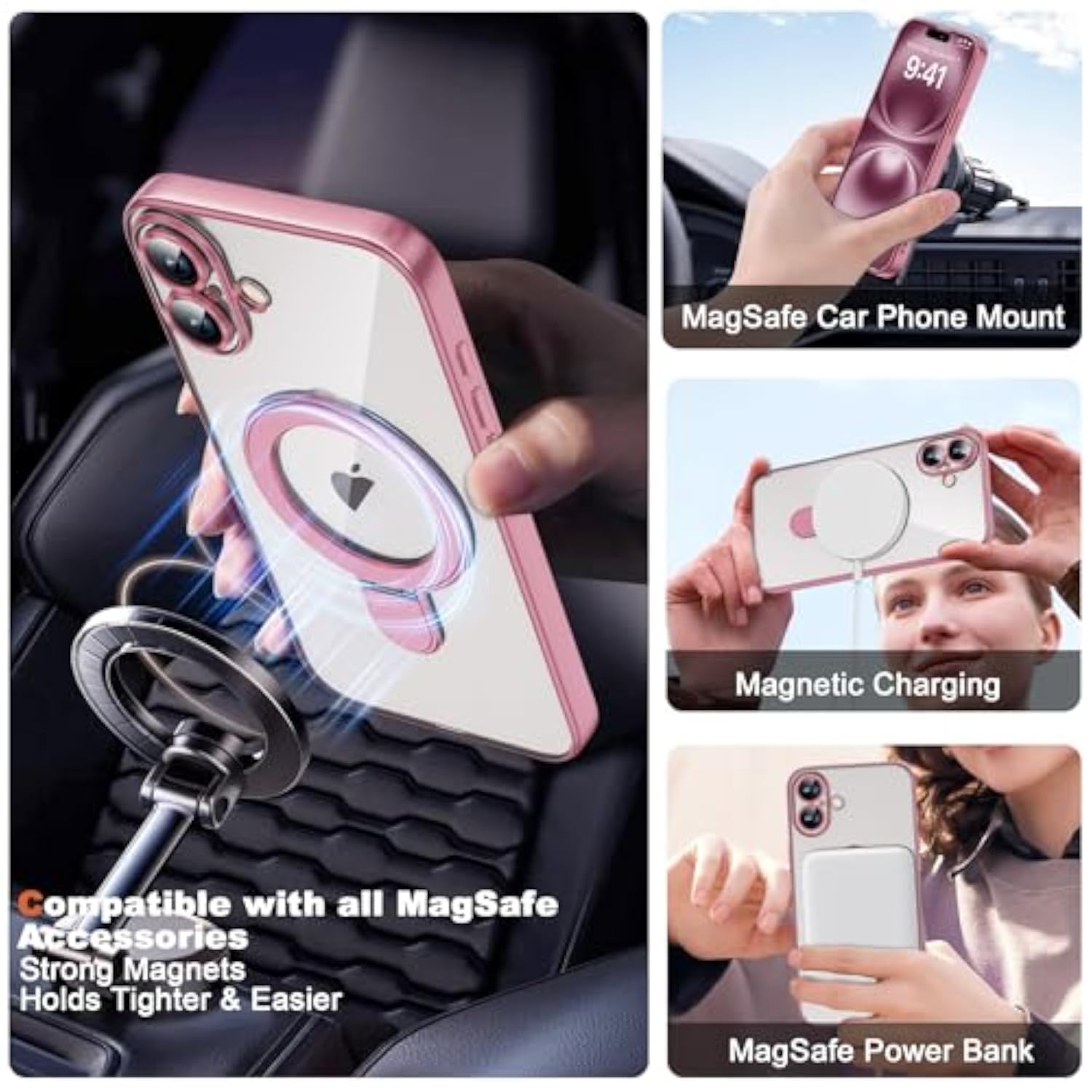 Clear Phone Case for iPhone 16 with Stand 6.1 Inch, Pink