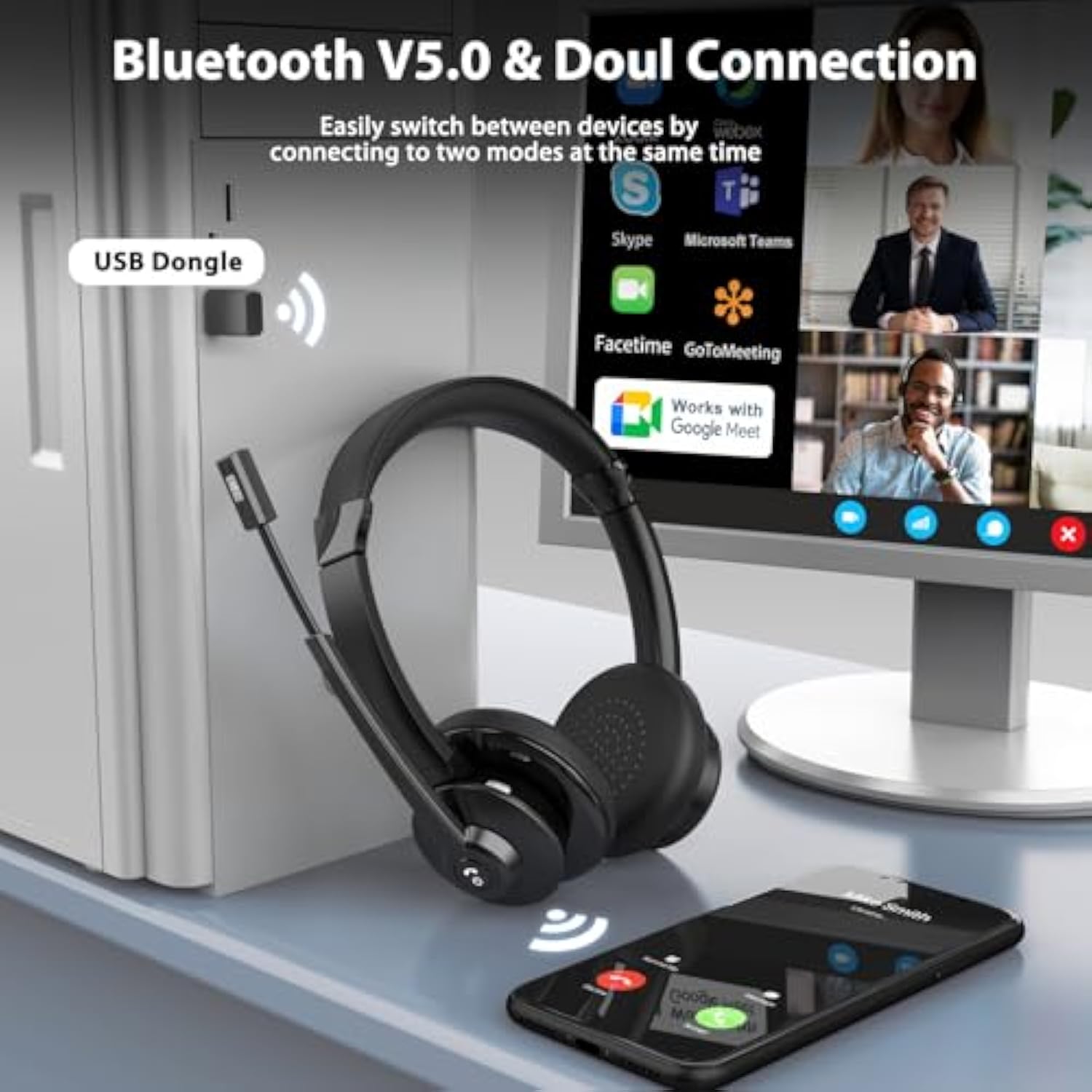 Wireless Headset?Bluetooth Headset With Microphone Noise Cancellation Wireless Headphones With Usb Dongle Connection And Microphone Mute For Pc/Laptop/Smartphone/Teams/Home