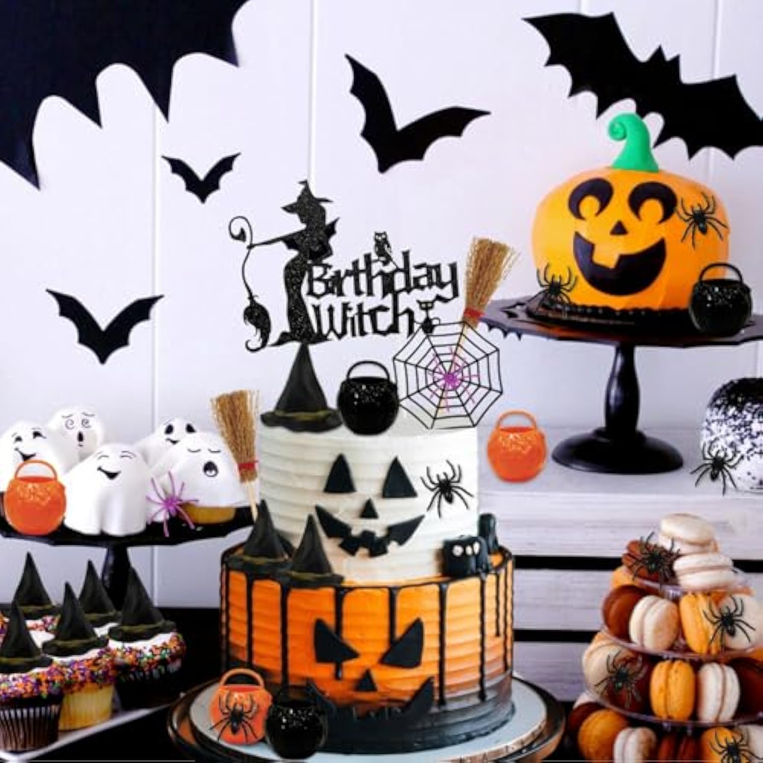 13pcs Witch Cake Toppers Black Hat Broom Spider Web Halloween Birthday Decor