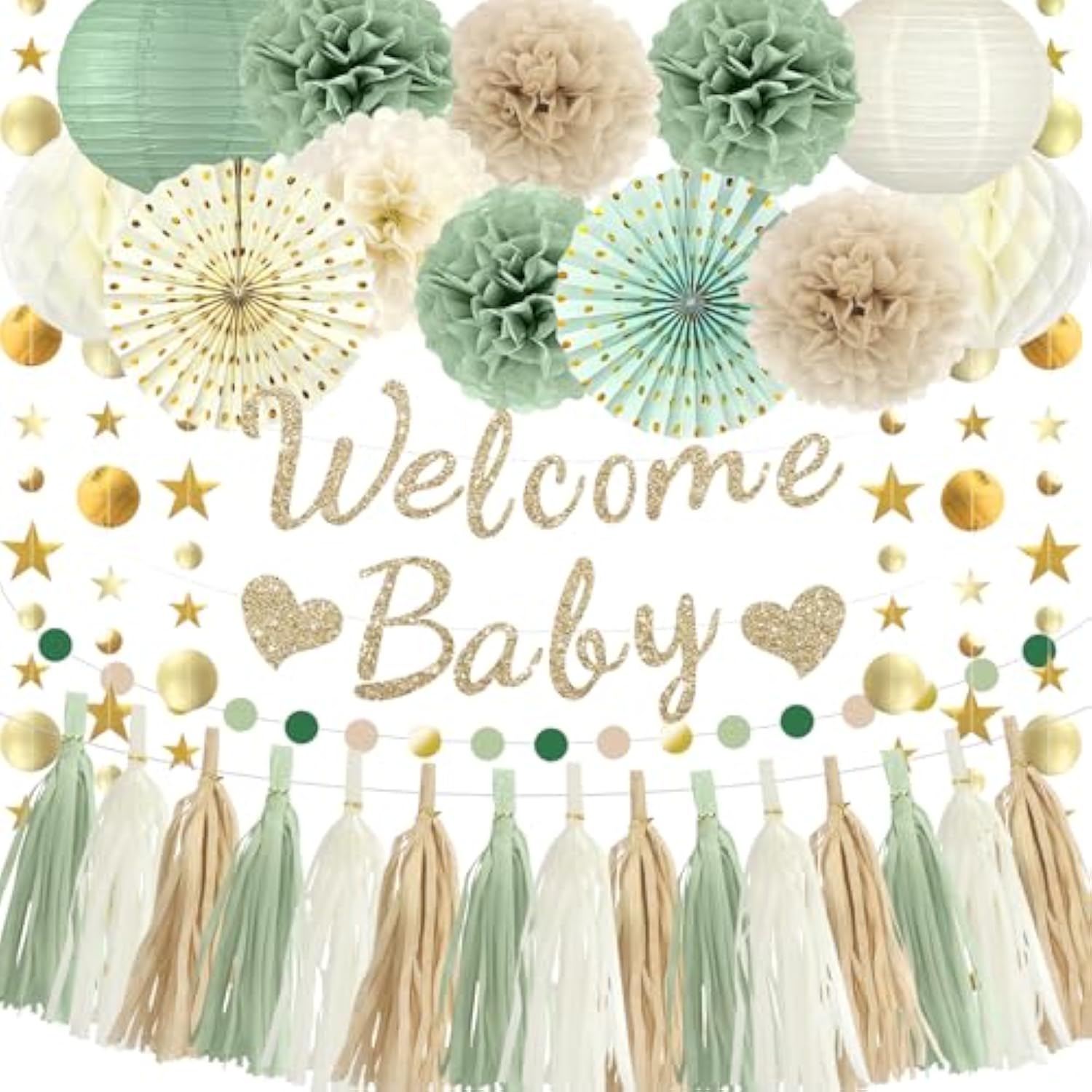Sage Green Baby Shower Decorations - Welcome Baby Banner, Paper Lanterns, Tissue Pom Poms, Honeycombs, Paper Fan Tassel, Circle Dots Star, Gender Reveal Birthday Party Decorations