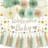 Sage Green Baby Shower Decorations - Welcome Baby Banner, Paper Lanterns, Tissue Pom Poms, Honeycombs, Paper Fan Tassel, Circle Dots Star, Gender Reveal Birthday Party Decorations