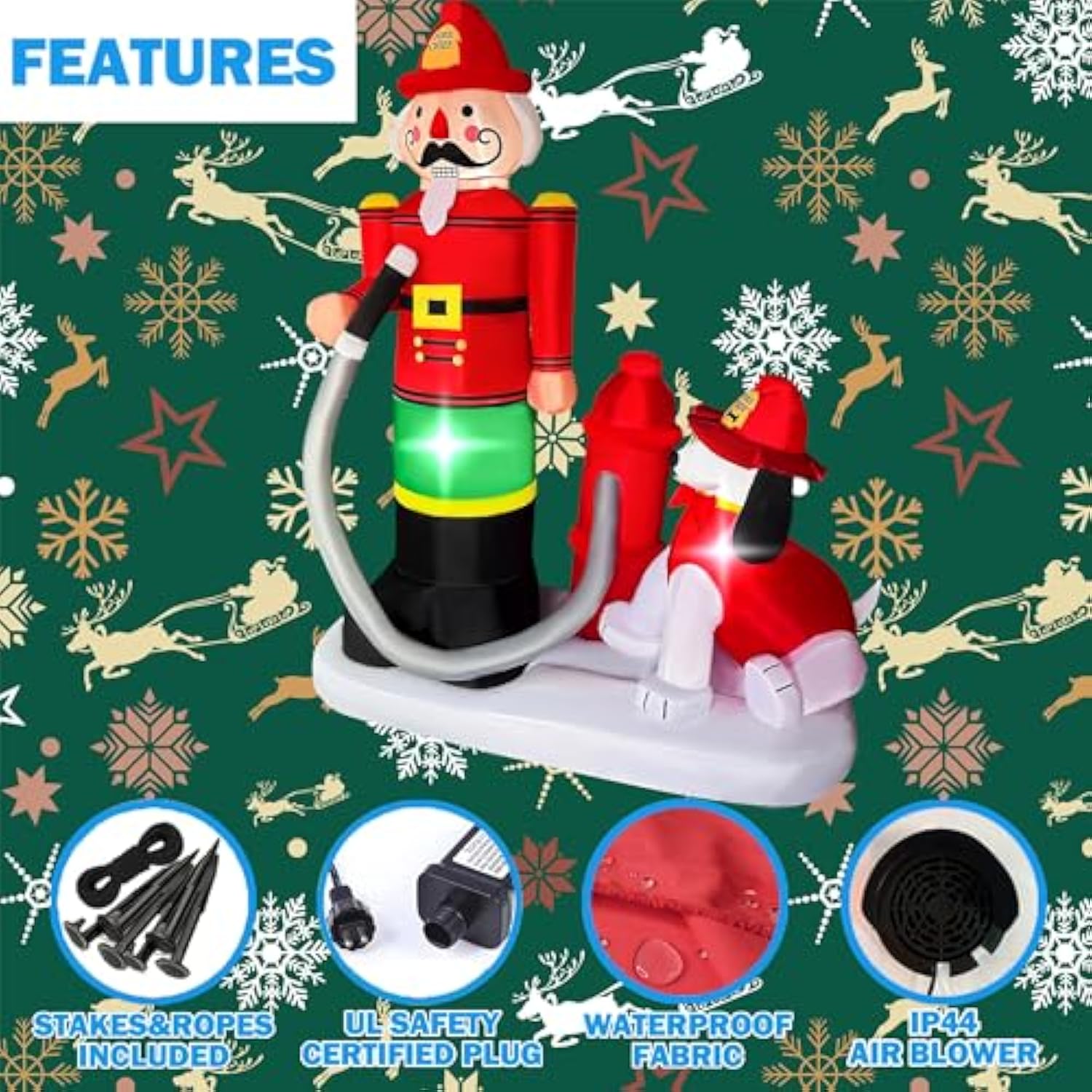 7 Ft Christmas Inflatables Fire Fighter With Dog Decorations, Led Lighted Xmas Blow Up Puppy For Party Indoor Outdoor Ga