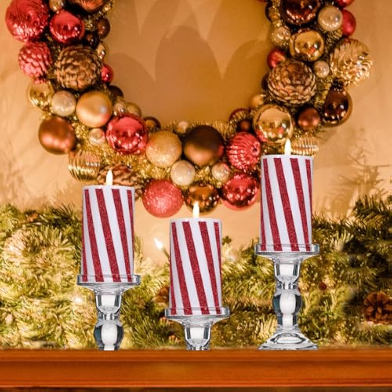 3 Pcs Christmas Flameless Candles Candy Cane Led Pillar Candle With Glitter Stripe Red And White Battery Operated Candlestick For Xmas Party Holiday Centerpiece Home Decoration