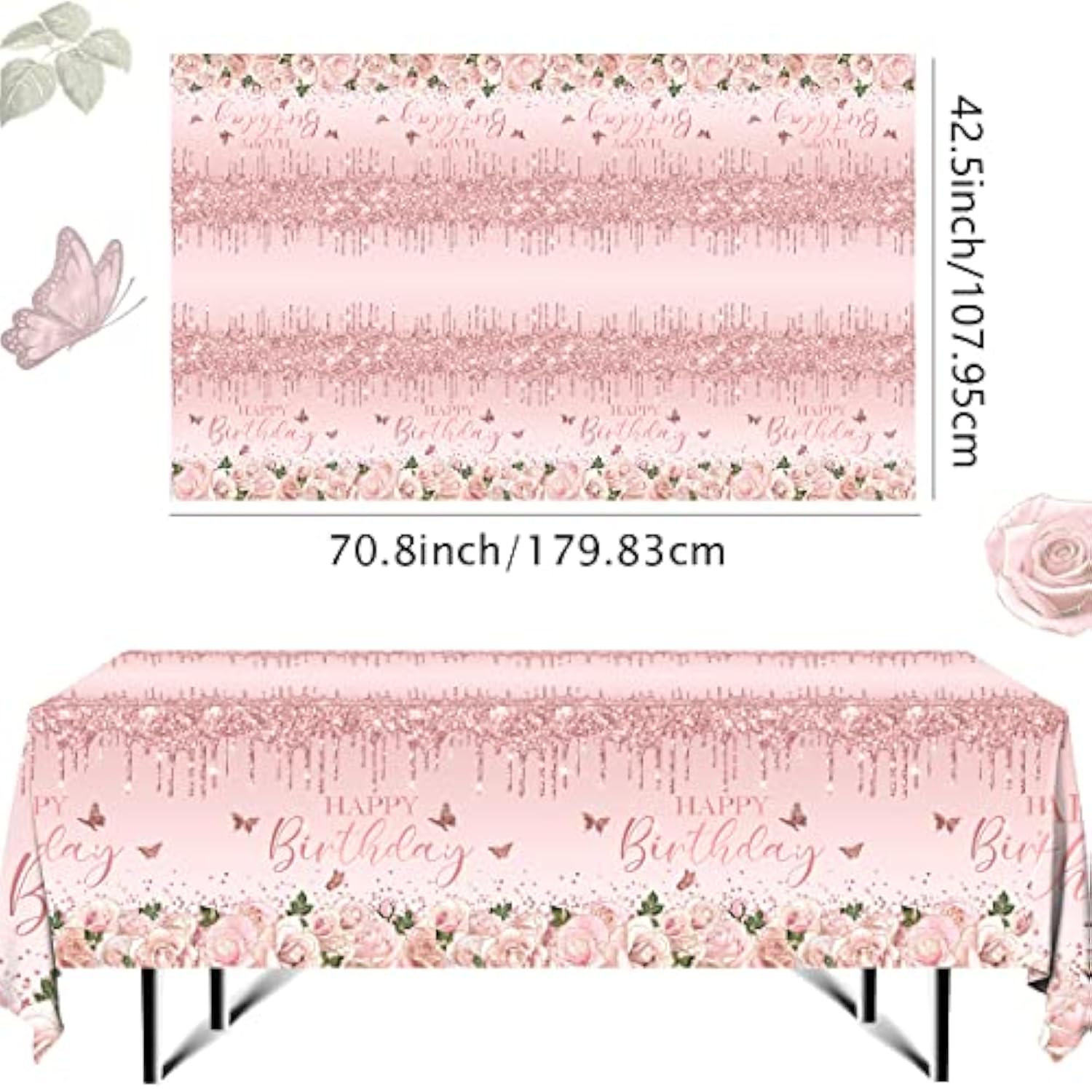 Pink Rose Gold Tablecloth Decoration - 3 Pcs Happy Birthday Tablecloth Disposable Plastic Sequin Tablecloth Girls Birthday Wedding Party Tablecloths For 50Th 60Th 70Th 80Th Men Or Women