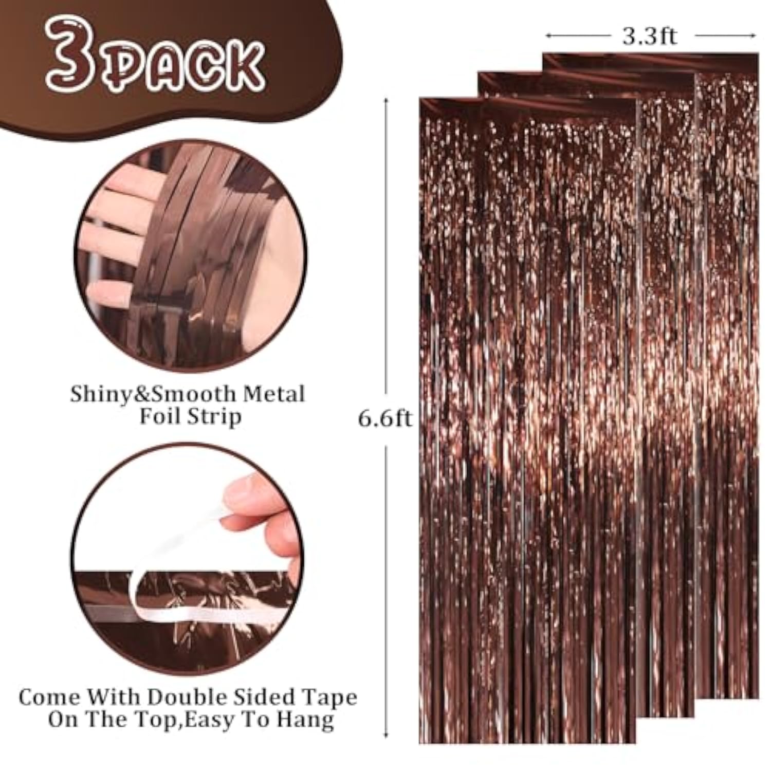 3 Pack 3.3 X 6.6 Ft Brown Foil Fringe Backdrop Curtains, Tinsel Streamers Party Decorations, Fringe Backdrop For Birthday, Baby Shower, Gender Reveal, Graduation