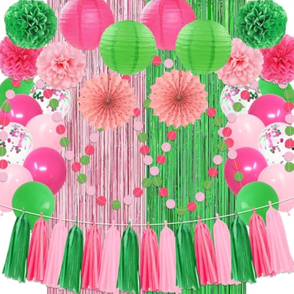 Pink And Green Party Decorations Witch And Princes Balloons Paper Pom Poms Foil Fringe Curtain Paper Tassel Garland Fans Lanterns Circle Dots Garland For Birthday Baby Shower Bridal Shower Supplies
