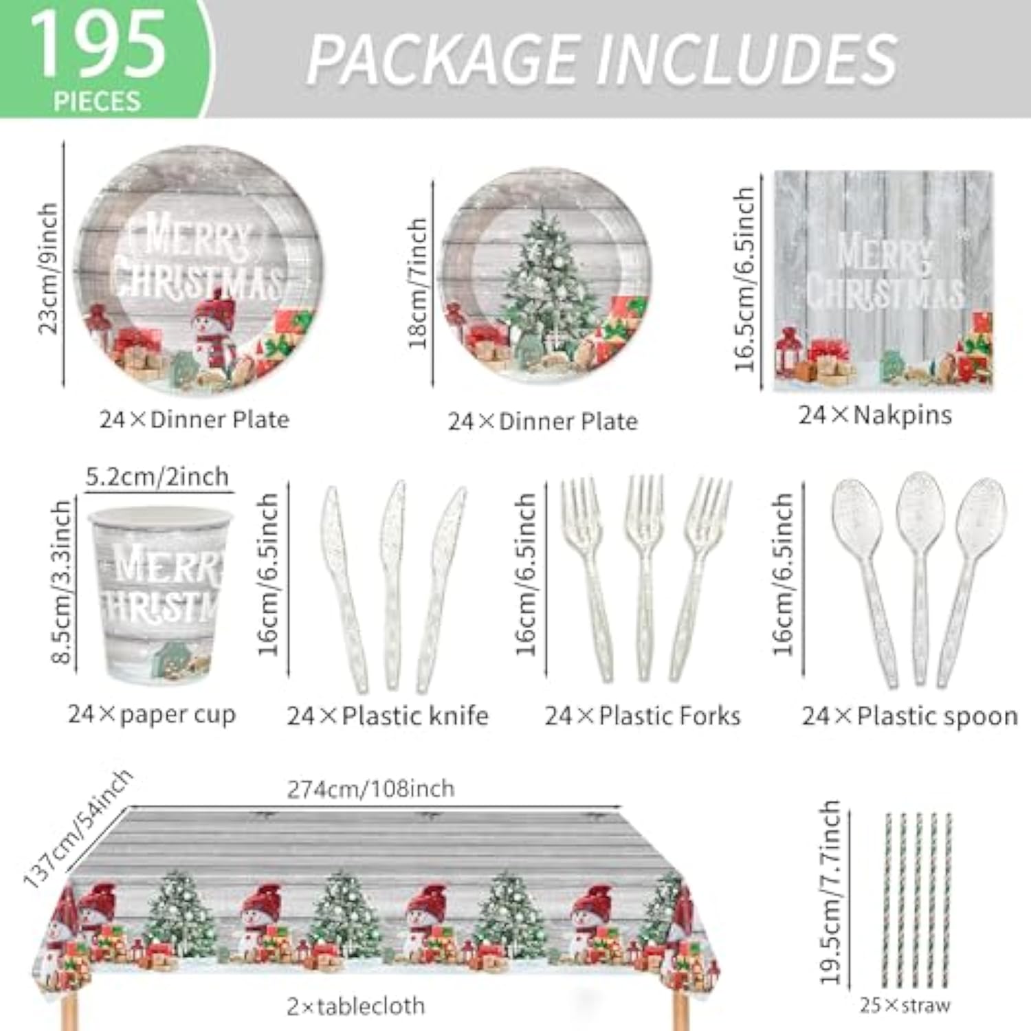 195Pcs Christmas Party Supplies Snowman Merry Christmas Paper Plates Napkins Tablecloth Christmas Tree Disposable Tableware Set For Xmas Party Decorations Serves 24