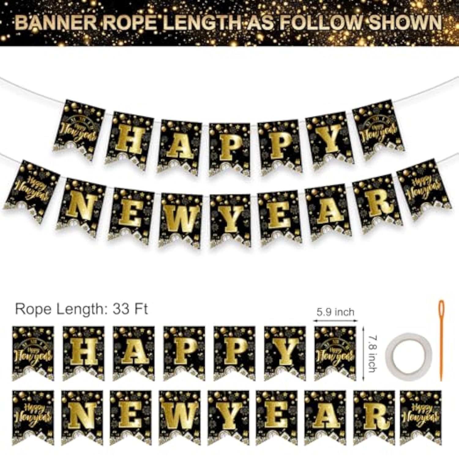 Black Gold Happy New Year 2026 Banner Garland Party Decorations Favors Props