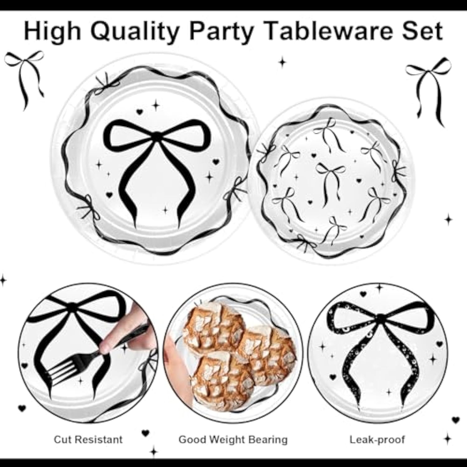 96Pcs Black Bow Plates And Napkins Black Bow Birthday Party Decorations Balck And White Bow Birthday Decorations Disposable Tableware Serve 24