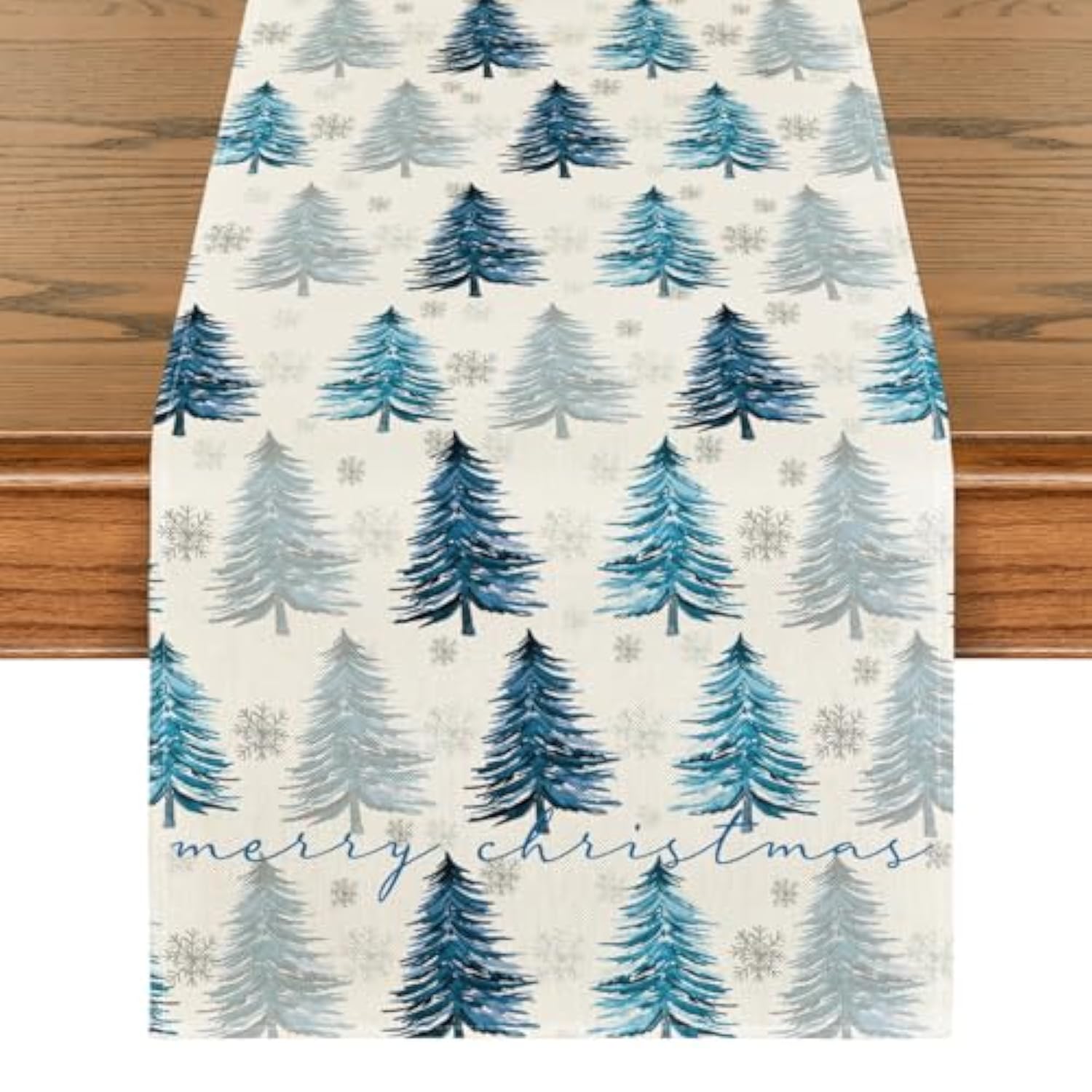 Xmas Trees Snowflake Christmas Table Runner, Seasonal Winter Blue Kitchen Dining Table Decoration For Home Party Decor 13X72 Inch