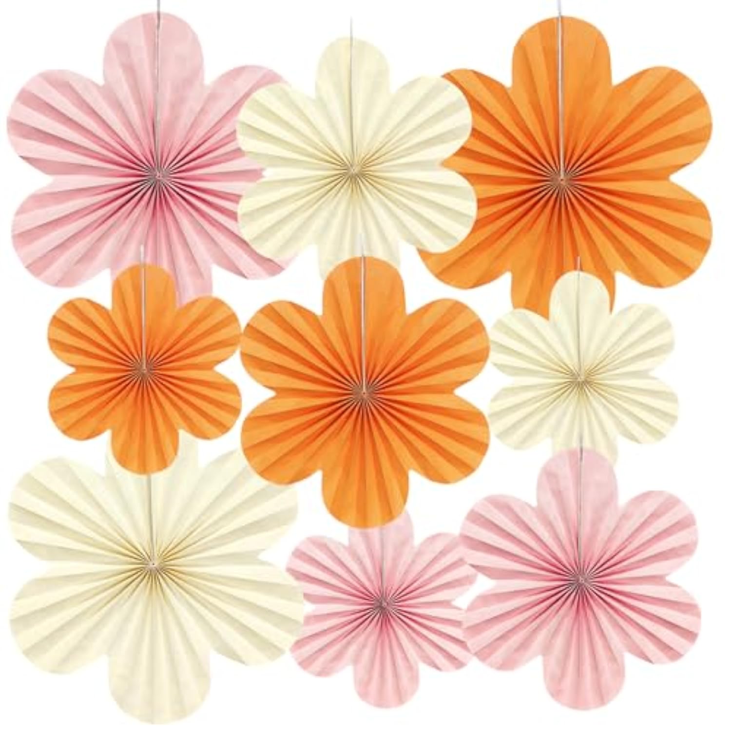 9 Pcs Pink And Orange Party Decorations Set, Hanging Paper Fans Paper Flowers Decorations For Girls Women Wall Graduation Birthday Bachelorette Classroom Baby Shower Wedding Thanksgiving Decor