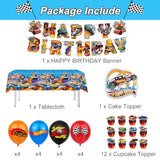 Race car party kit with banner, balloons, cake toppers, cupcake toppers & tablecloth