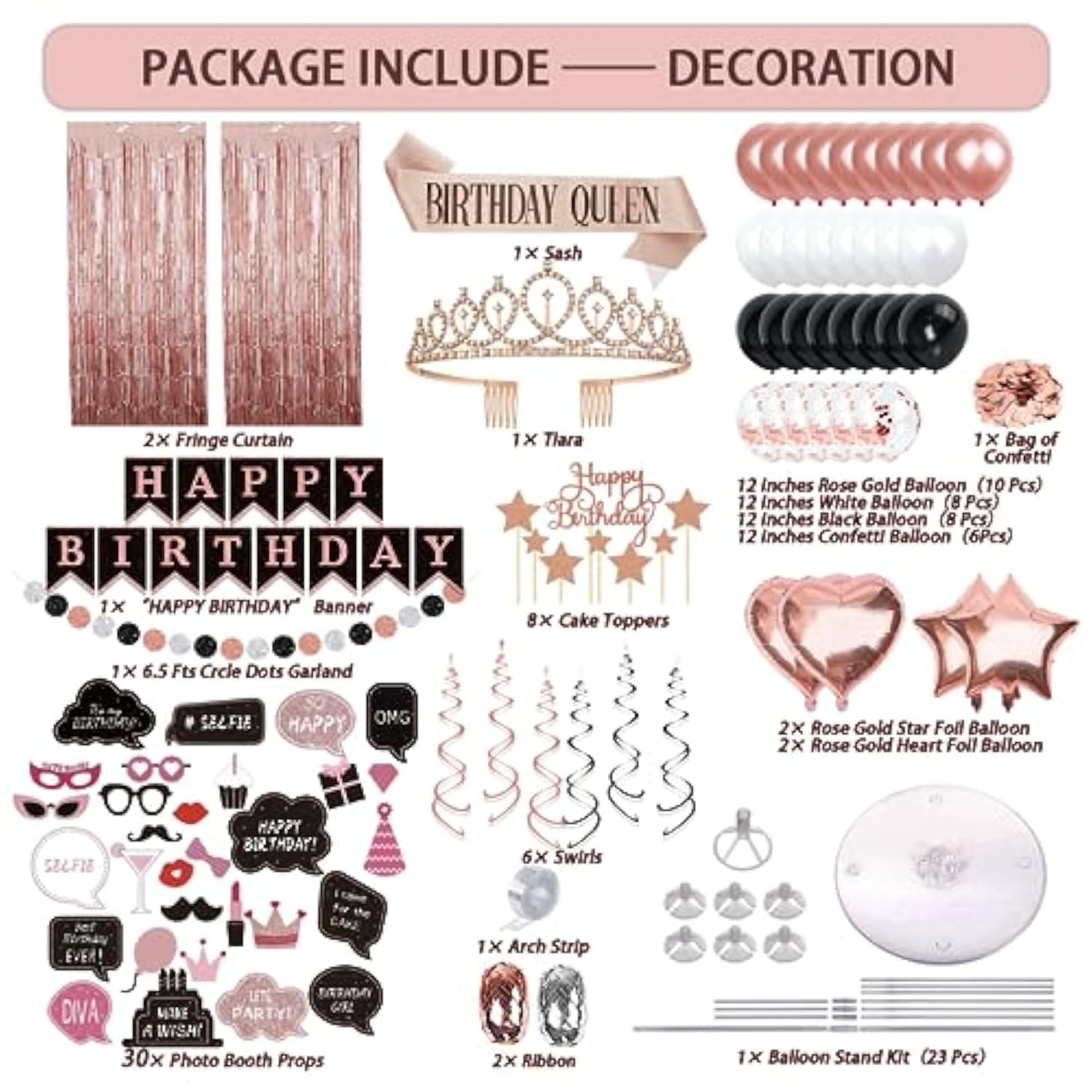 Birthday Decorations For Women, 229 Pcs Rose Gold And Black Happy Birthday Supplies - Disposable Dinnerware Set With 25 Guest, Balloons, Sash, Tiara, Banner, Fringe Curtain, Photo Booth Props