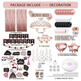 Birthday Decorations For Women, 229 Pcs Rose Gold And Black Happy Birthday Supplies - Disposable Dinnerware Set With 25 Guest, Balloons, Sash, Tiara, Banner, Fringe Curtain, Photo Booth Props