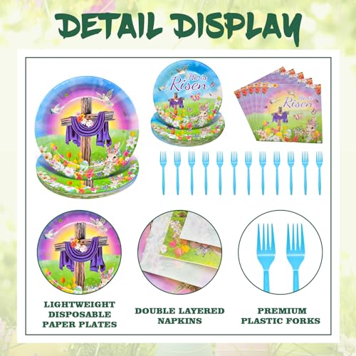 96 Pieces "He is Risen" Easter Day Tableware Set Party Supplies - Religious Theme Disposable Dinnerware with Paper Plates, Napkins, Forks for Spring Resurrection Christian Celebration Favors