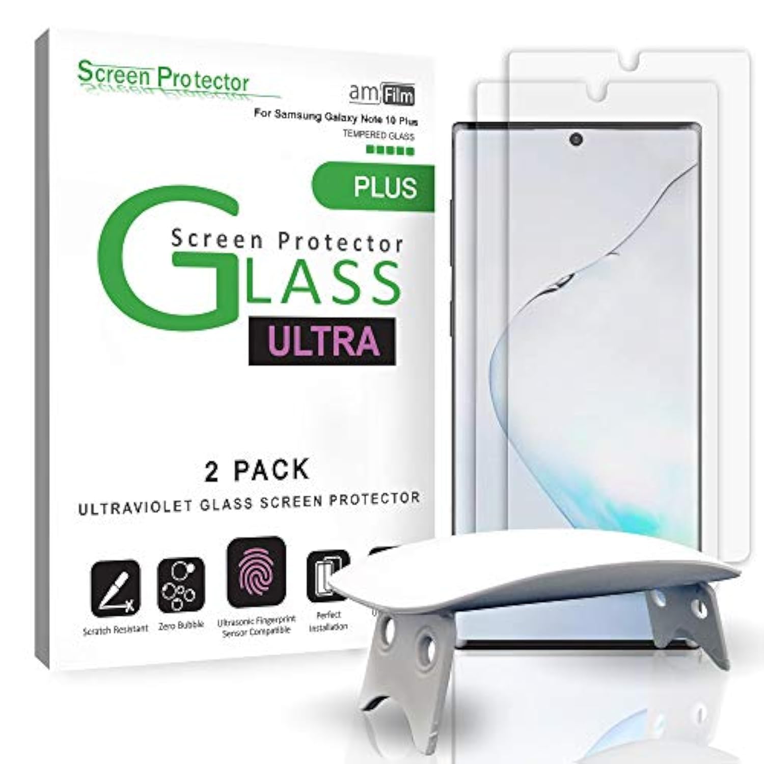 amFilm Ultra Glass Screen Protector for Samsung Galaxy Note 10 Plus, UV Gel Application, Compatible with UltraSonic FingerPrint Scanner for Galaxy Note 10 Plus(2019), Tempered Glass, 2 Pack