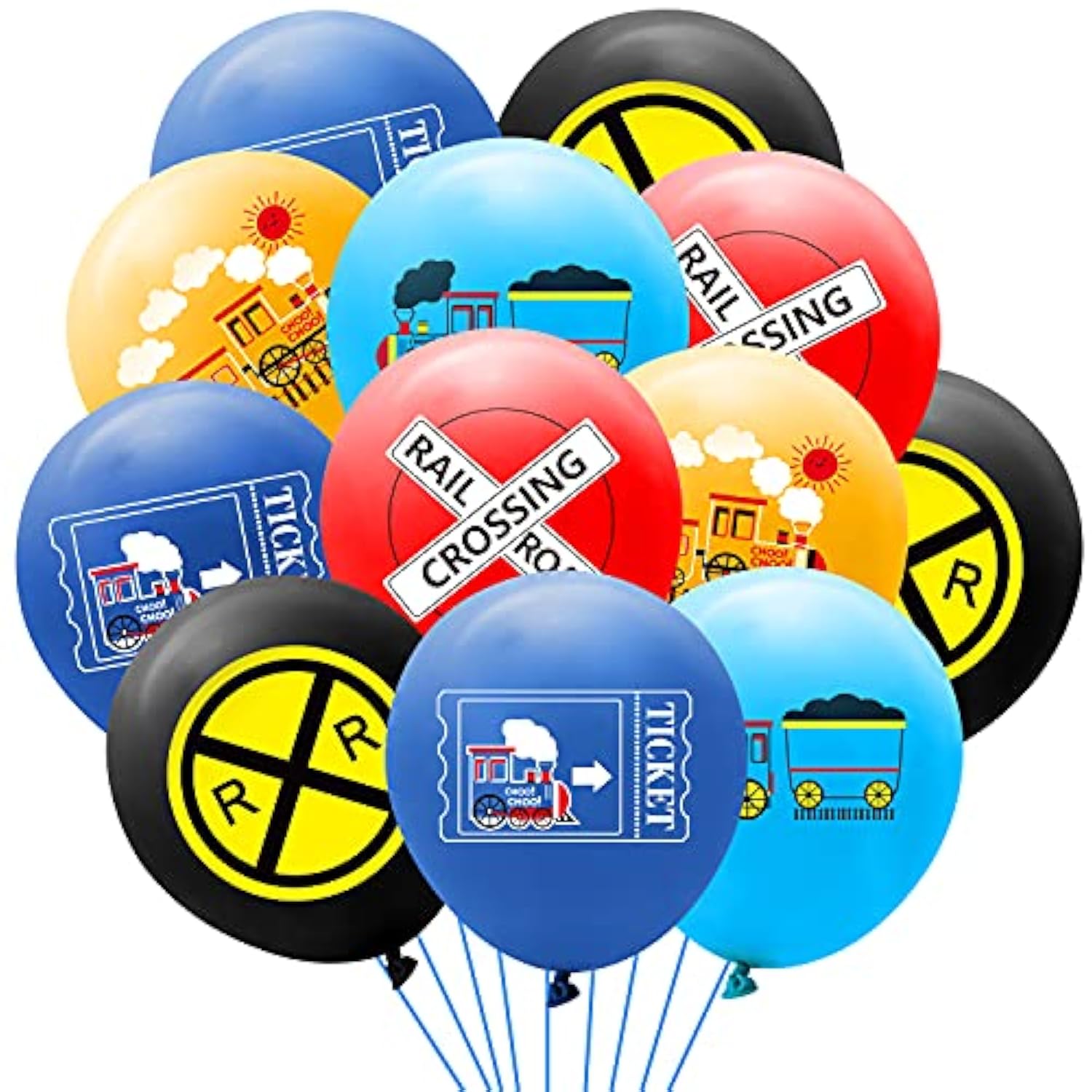 52 Pcs Railroad Crossing Train Balloons Set 12 Inches Latex Balloons Bouquet With Ribbon Railway Choo Choo Steam Train Traffic Sign Party Decorations Supplies For Kids Birthday Baby Shower
