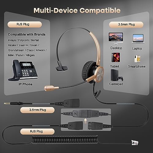 Telephone Headset with RJ9 for Cisco Phone Call Center Headset with Noise Cancelling Microphone with Extra 3.5mm Connector for Mobiles