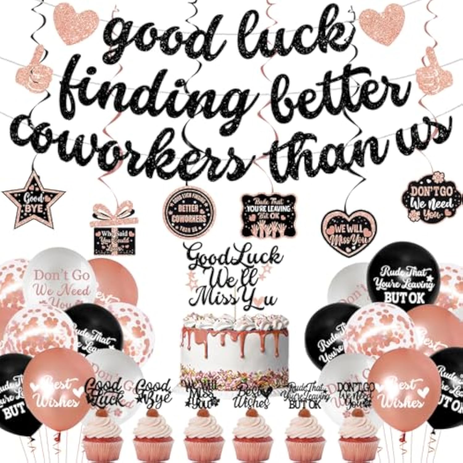 Coworker Farewell Decorations, Rose Gold Good Luck Finding Better Coworkers Than Us Banner Cake Toppers Balloons Hanging Swirls, Pink Going Away/Goodbye/Leaving Party Supplies For Job Change