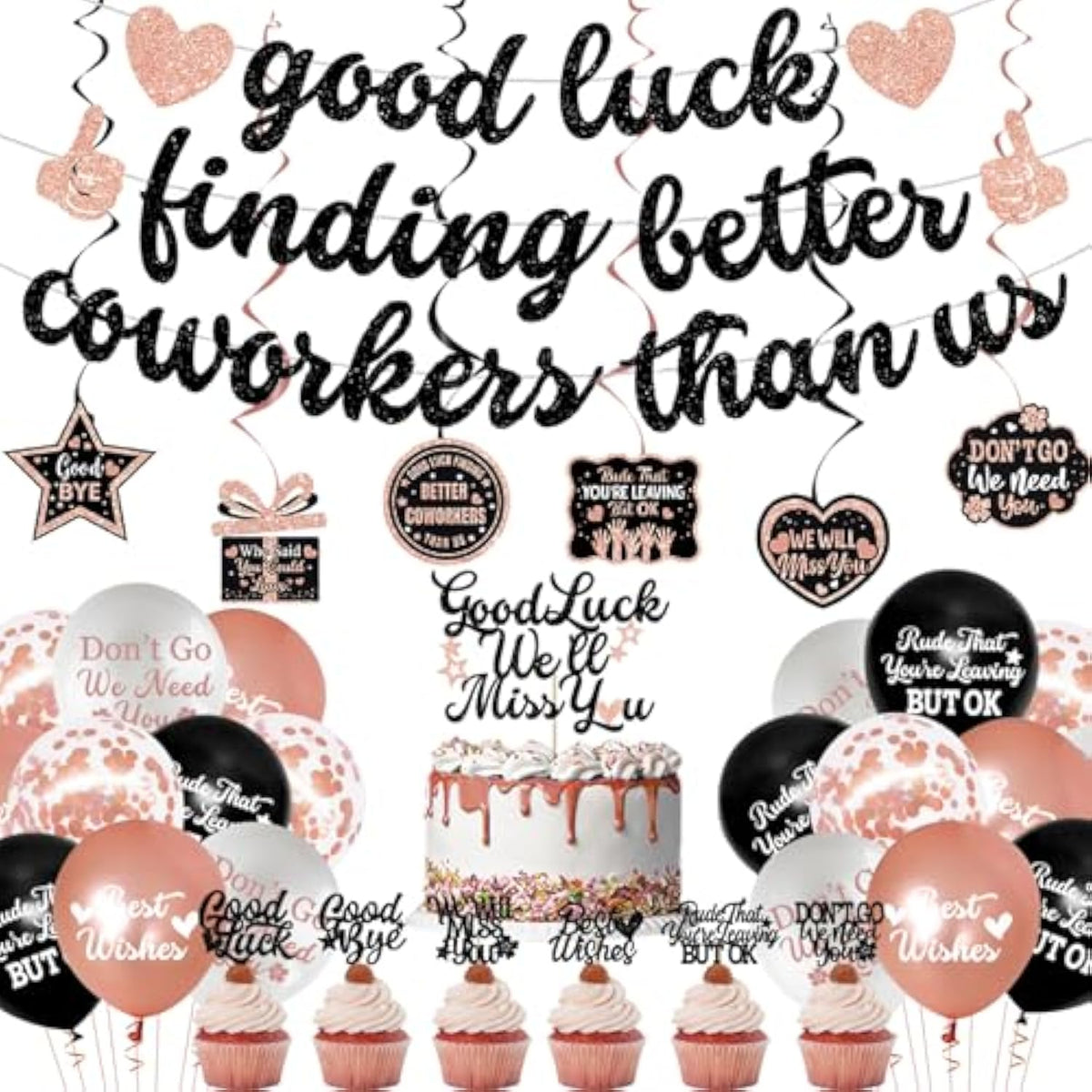 Coworker Farewell Decorations, Rose Gold Good Luck Finding Better Coworkers Than Us Banner Cake Toppers Balloons Hanging Swirls, Pink Going Away/Goodbye/Leaving Party Supplies For Job Change