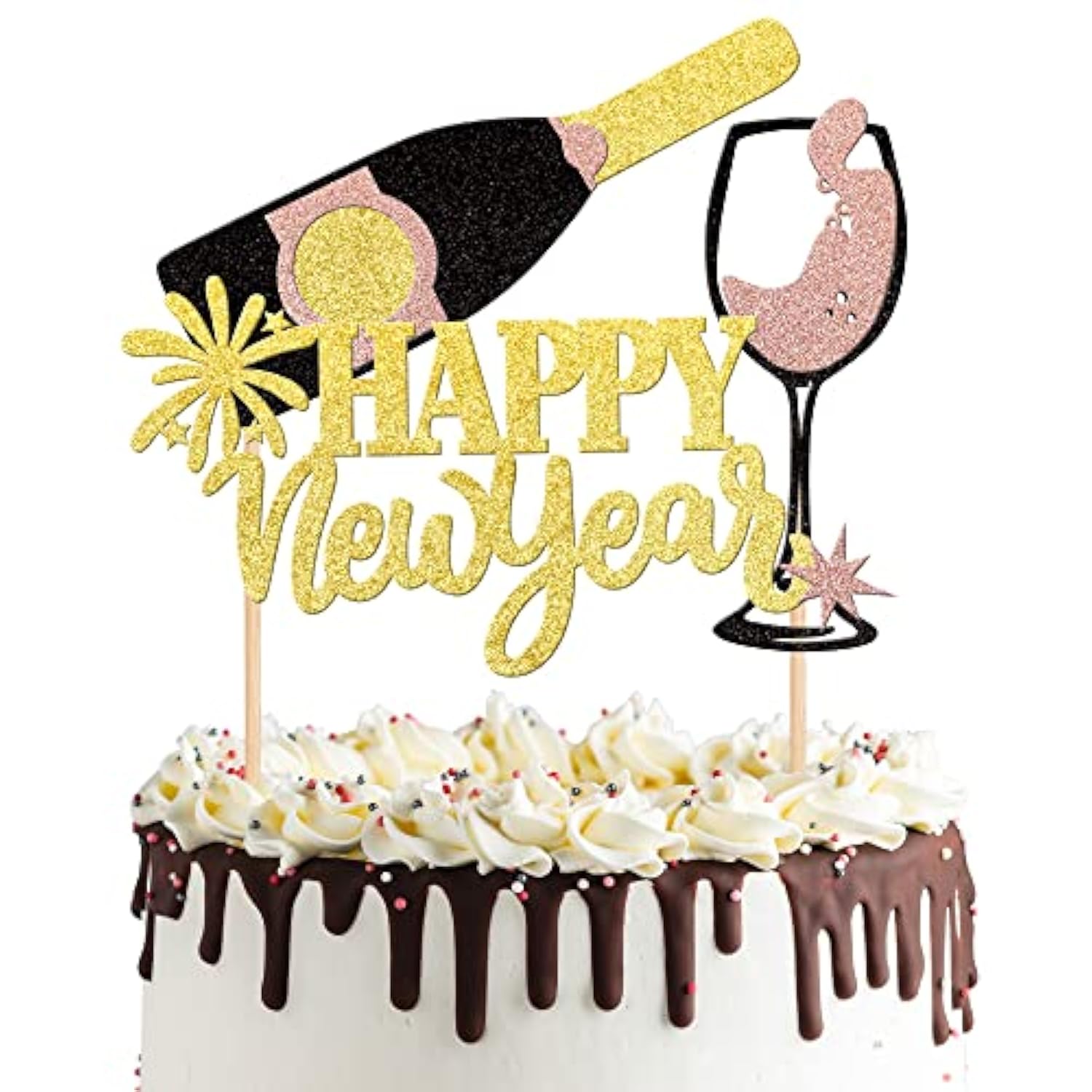 2026 Happy New Year Cake Topper Glitter Fireworks Cheers Party Decoration