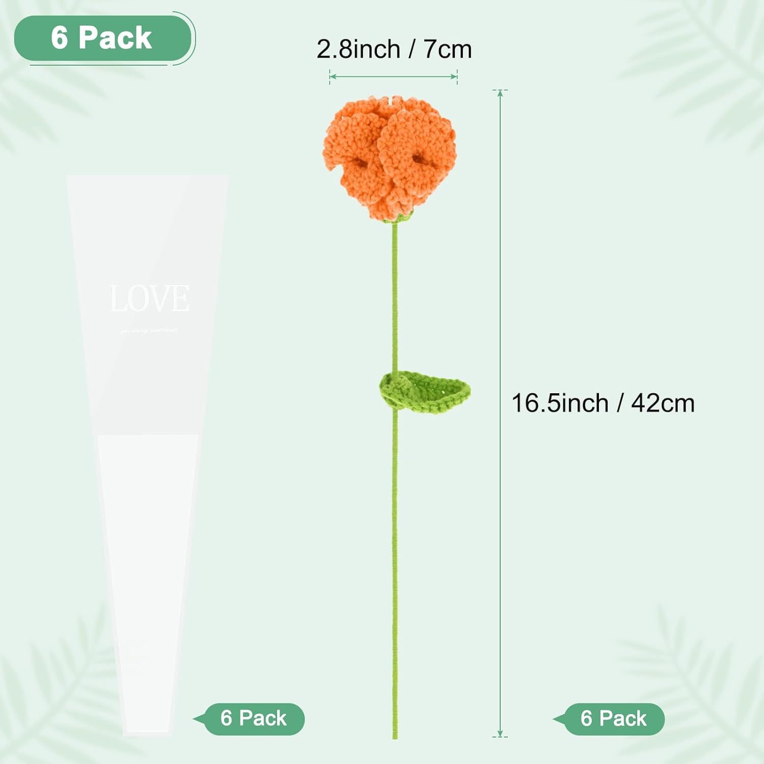 6-Pack Crochet Flowers, Knitted Artificial Wool Carnation For Mother'S Day/Wedding/Birthday/Diy Decor, Handmade Knitted Flowers [Orange]