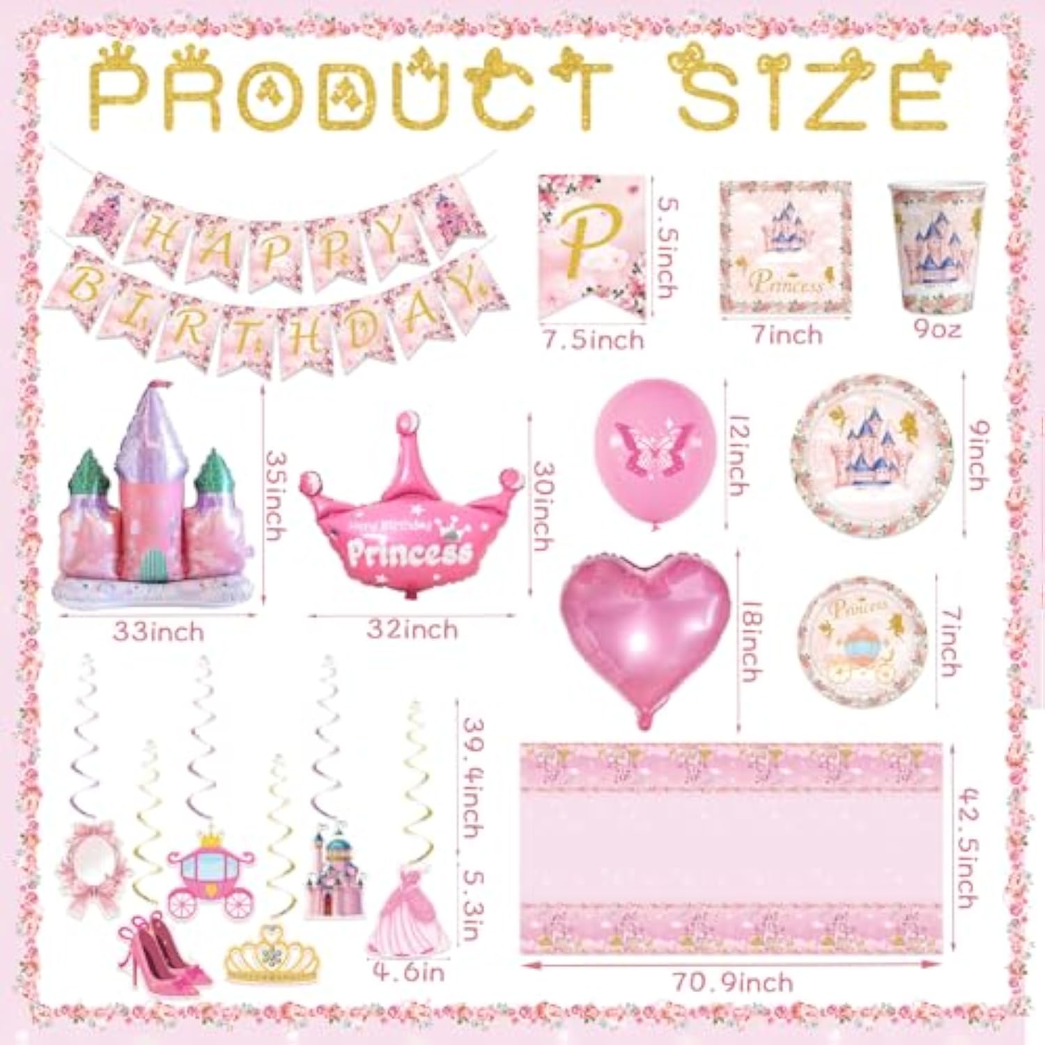 Princess Birthday Party Decorations Princess Plates And Napkins Party Supplies - Happy Birthday Banner, Castle Crown Foil Balloons, Disposable Tablecloth, Cups Sets For Girls Women, Serve 16