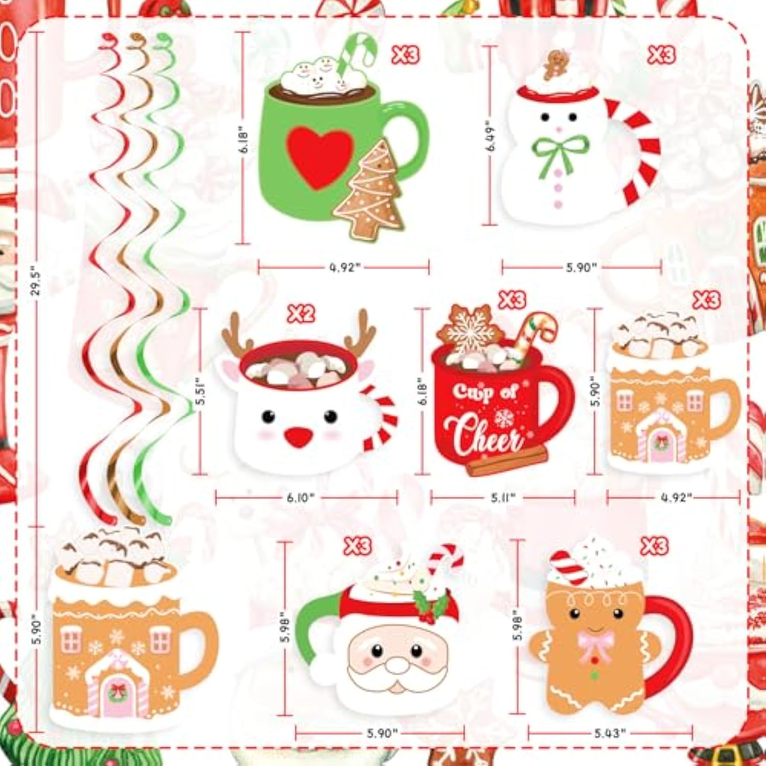 Christmas Gingerbread Mug Hanging Swirls 20pcs Snowman Santa Party Decor