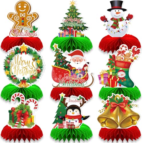 9 Pcs Christmas Honeycomb Centerpieces – Holiday Table Decorations with Gingerbread Man, Christmas Tree, Snowman, Santa, Stocking, Wreath, Candy Cane, Penguin and Bells for Xmas Party Supplies