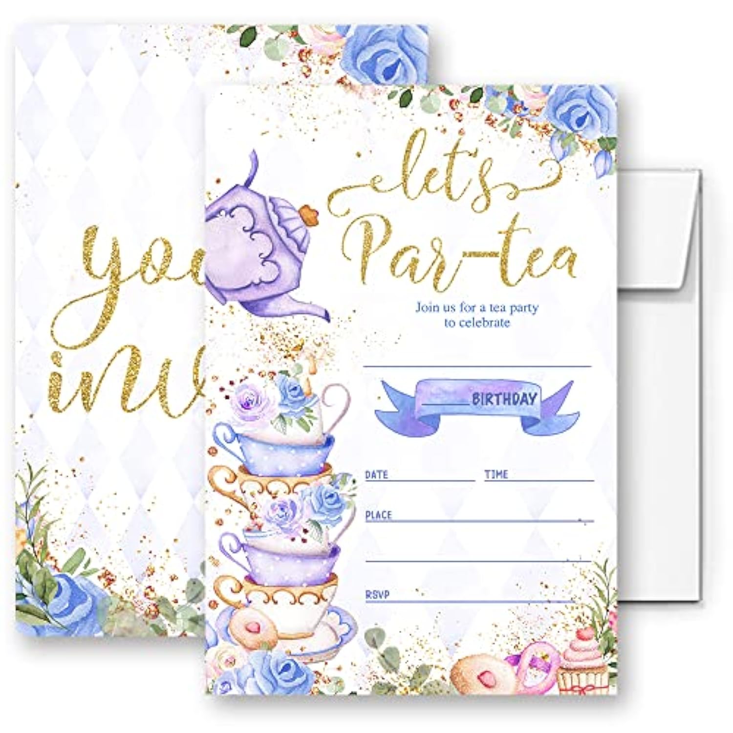 Partiness Tea Party Birthday Invitations For Girls, Purple And Gold Par-Tea Invite, Tea Birthday Party Invites Decorations. (056)