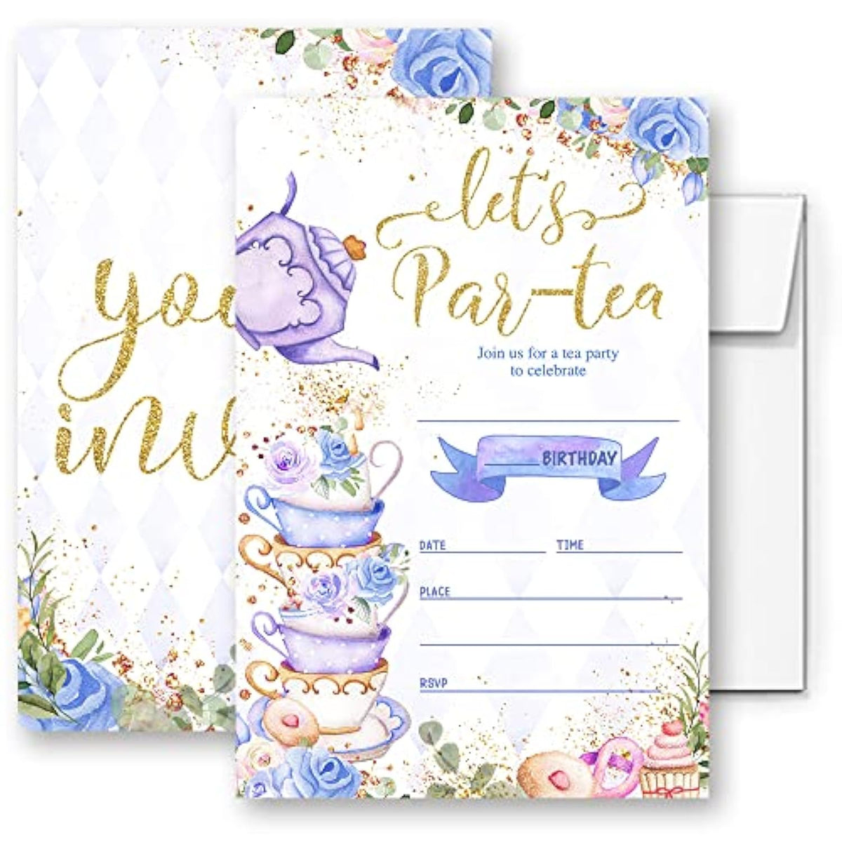 Partiness Tea Party Birthday Invitations For Girls, Purple And Gold Par-Tea Invite, Tea Birthday Party Invites Decorations. (056)