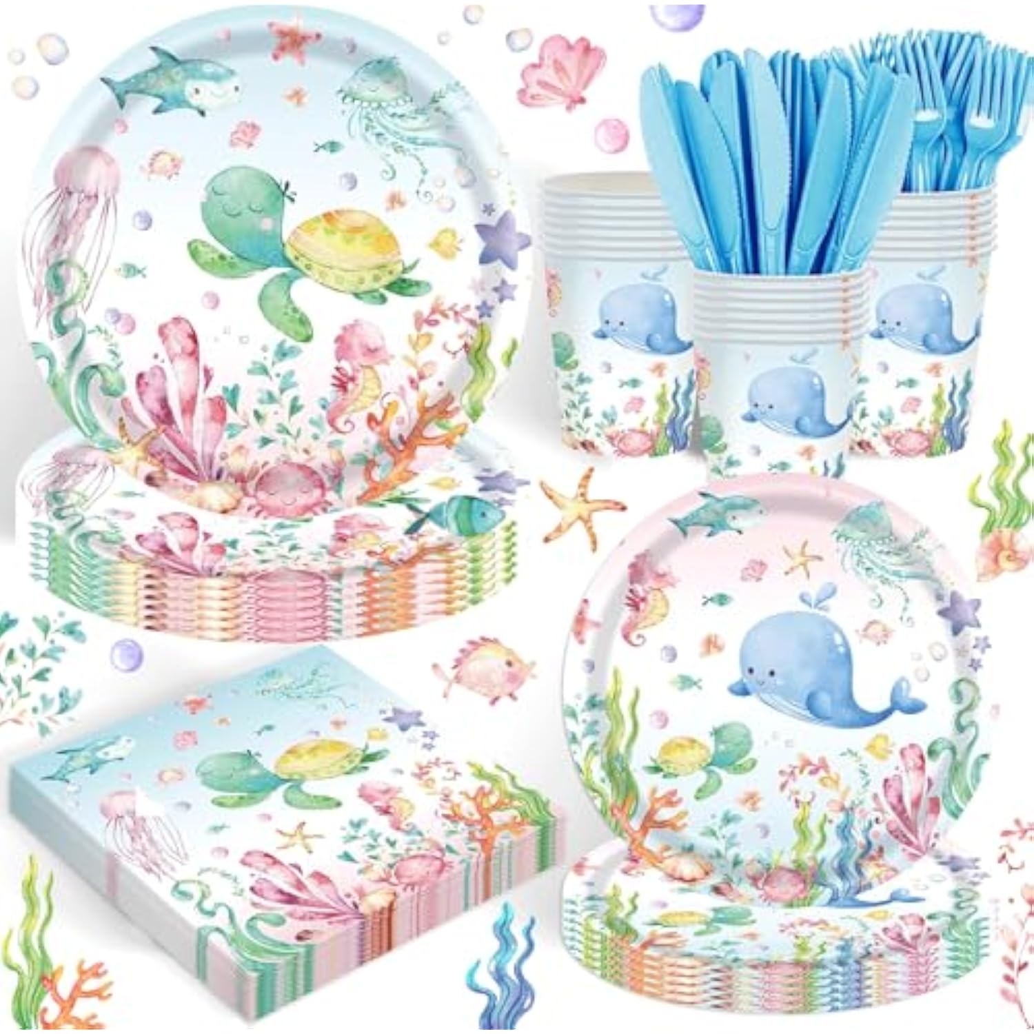 120Pcs Under The Sea Party Supplies For Ocean Theme Baby Shower Birthday Party Underwater World Creatures Decorations Ocean Sea Animal Plate Cup Napkin Knives Forks For 20 Guests