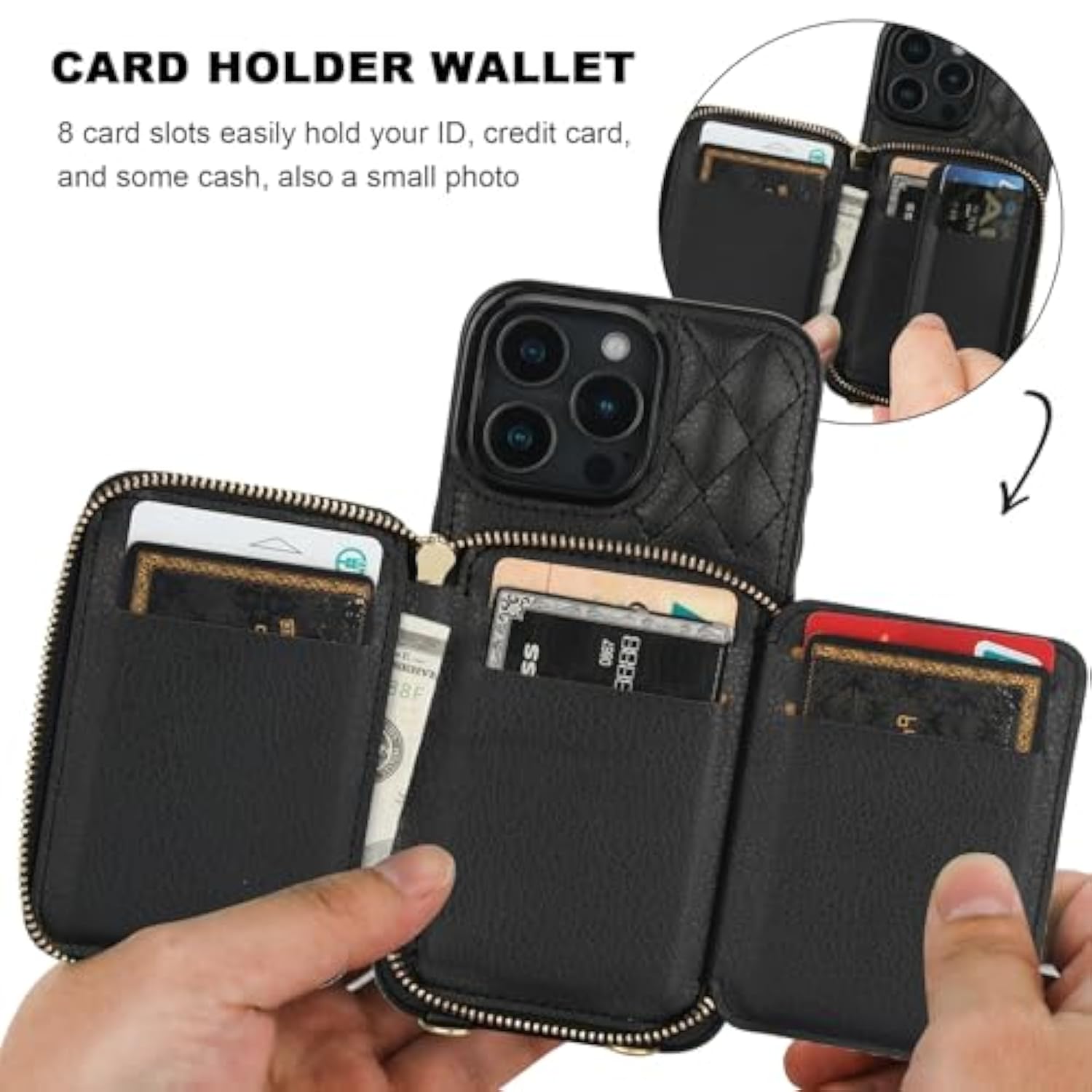 Crossbody Wallet Case For 16 Pro Max, Rfid Blocking Pu Leather Zipper Handbag Purse Flip Cover, Kickstand Folio Case With Card Slots Holder Wrist Strap Lanyard 5G 6.9 Inch (Black)