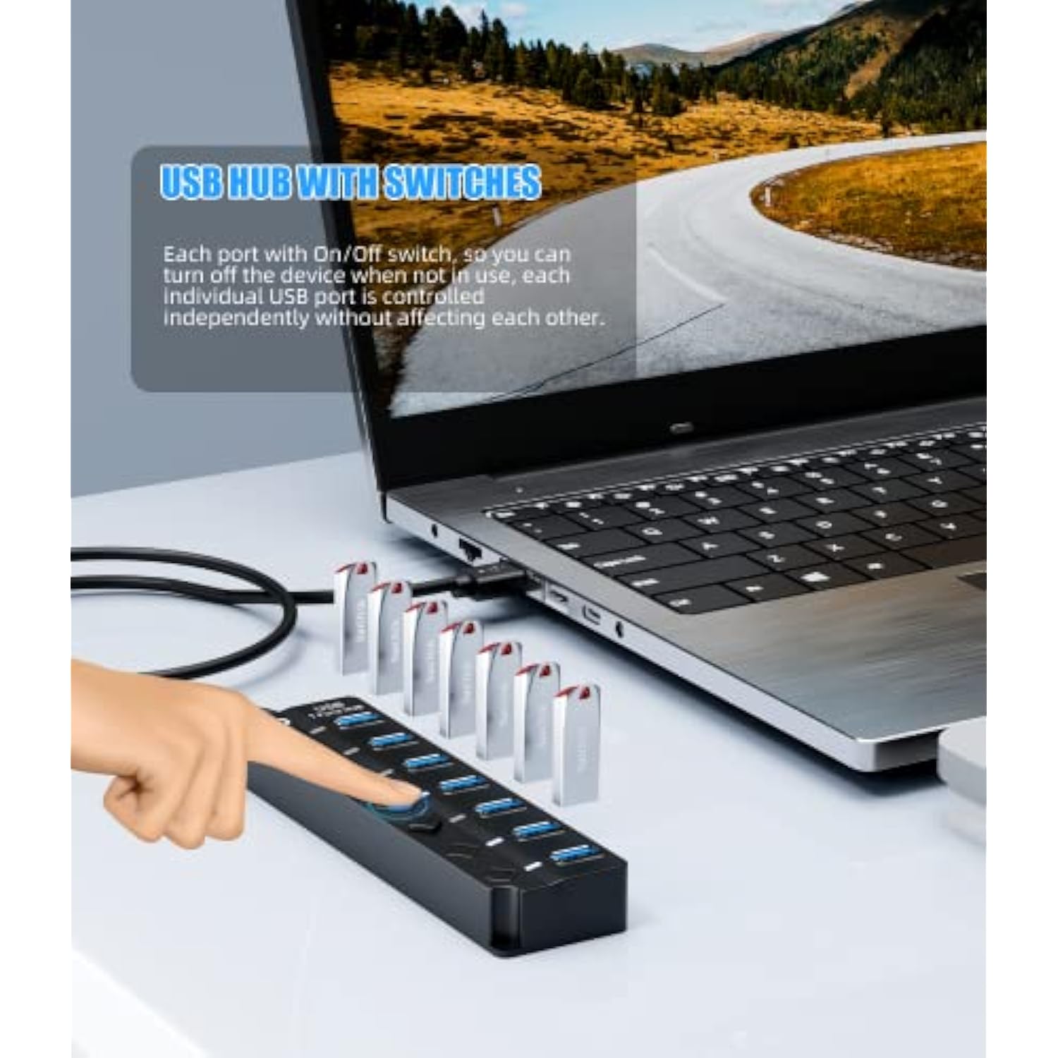 Usb 3.0 Hub, 7-Port Usb Data Hub Splitter With 3Ft Long Cable Usb Extension Fo
