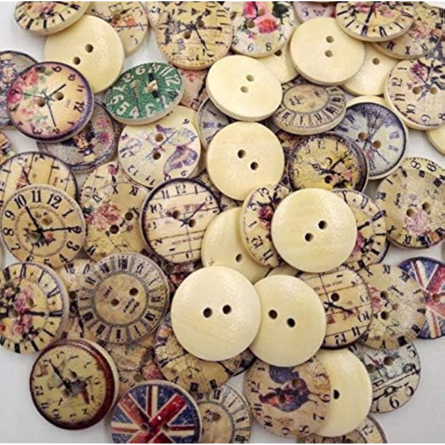 50 Pcs Vintage Style Mixed Patterns Clock 2 Holes Wooden Buttons Sewin