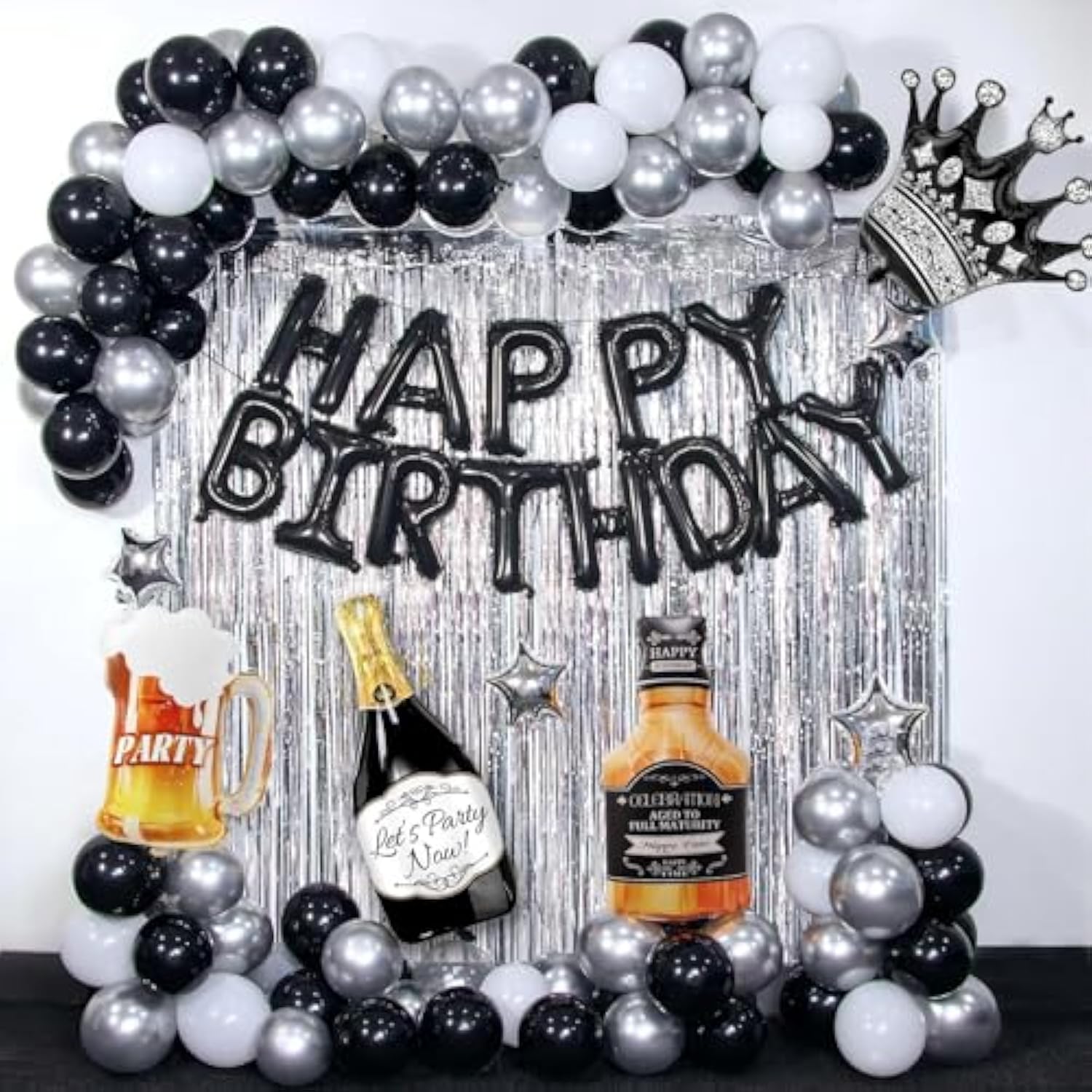 Black Happy Birthday Decorations For Men,Black Birthday Decorations With Banner, Fringe Curtains,Foil Balloons, Balloon Kits For 21St,25Th 27Th 30Th 35Th 40 50 60Th Birthday Decorations