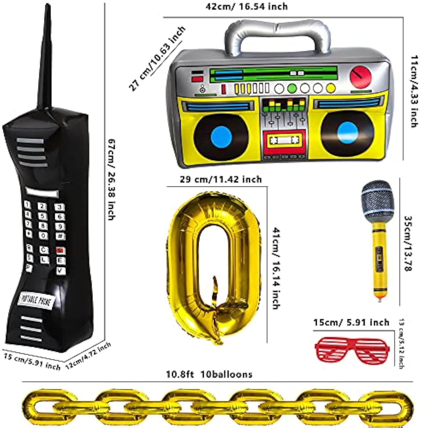 20 Packs Inflatable Radio Boombox Inflatable Mobile Phone Inflatable Microphone 16 Inch Gold Foil Chain Balloons For 80S 90S Rappers Hip Hop Costume Party Decorations