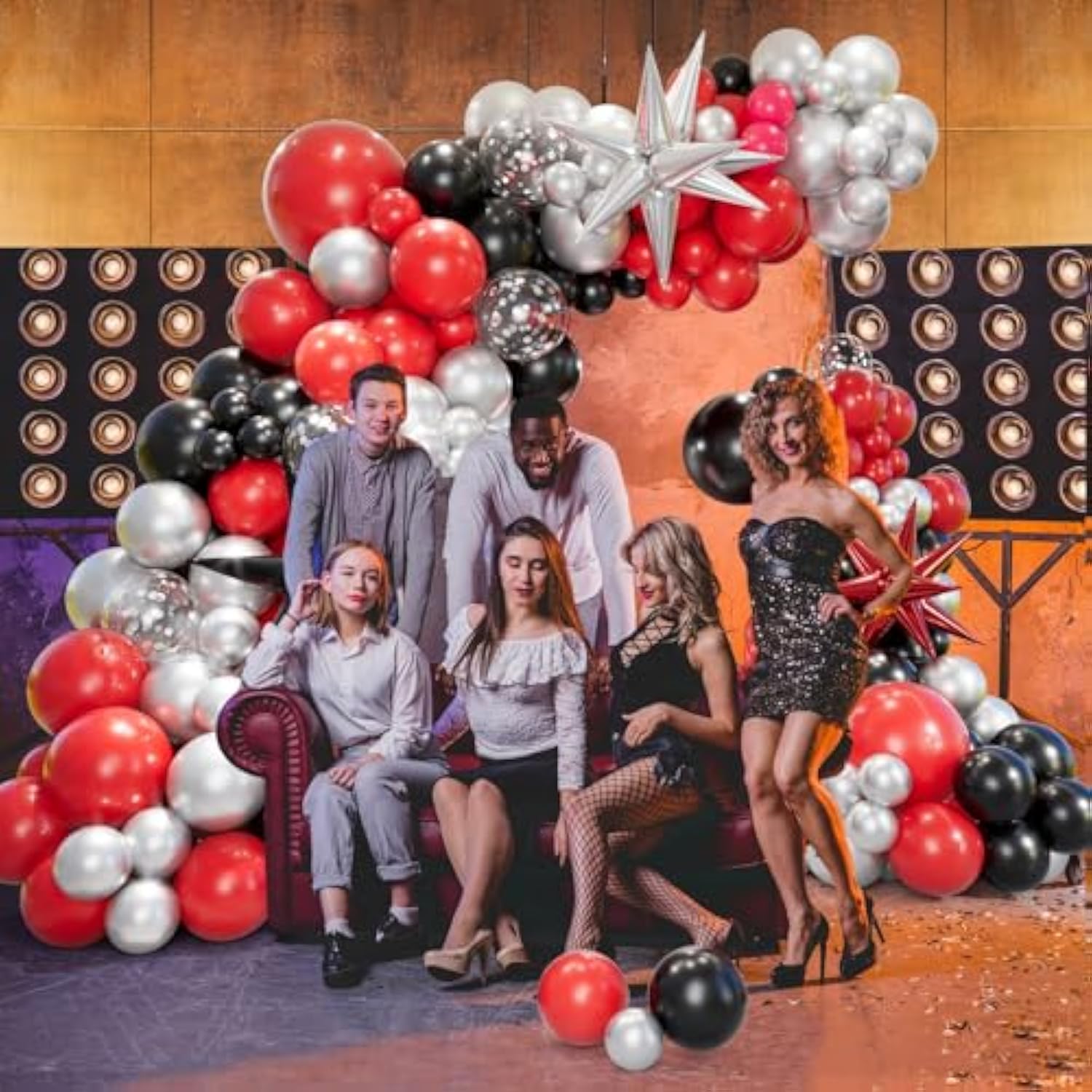 161Pcs Red And Black Balloon Arch Kit With Explosion Star Balloons, 5/10/12/18In Red/Black And Metallic Silver Balloons Garland Kit For Birthday Prom Graduation Party Decorations
