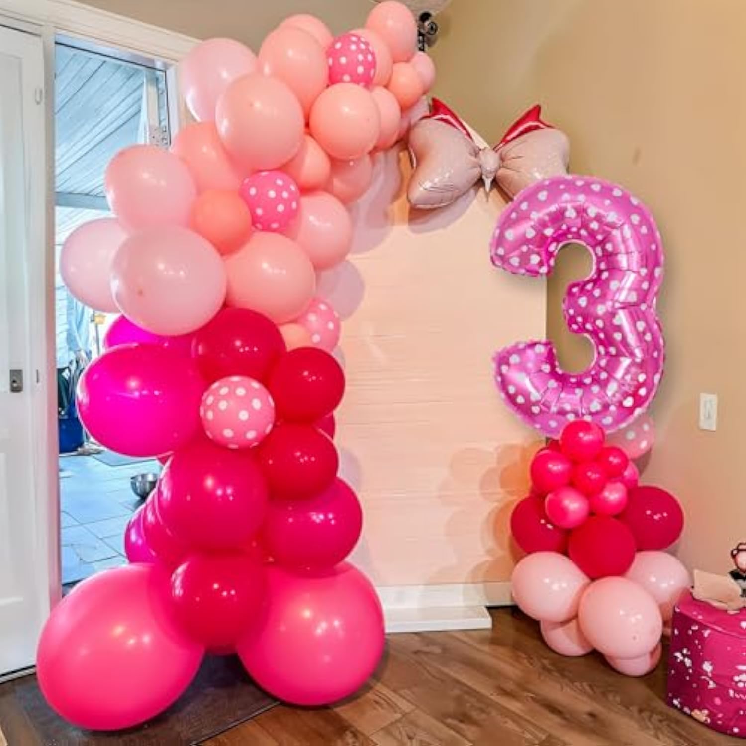 Pink 3Rd Birthday Balloons Decorations, Hot Pink Rose Polka Dots Balloon Arch Kit, Huge Bow Foil Balloons, Pink Number 3 Balloon Tower For Baby Shower Girls Princess 3Rd Theme Party