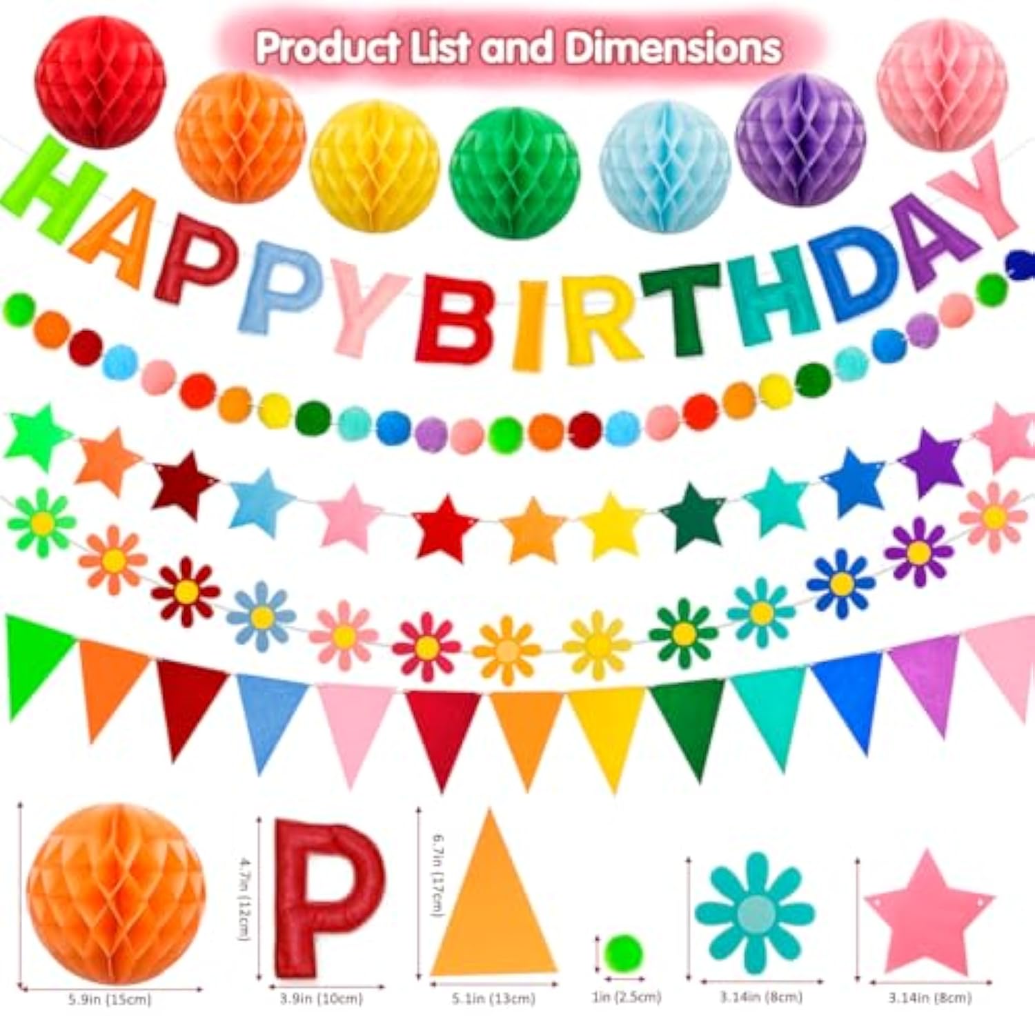 Happy Birthday Banner Set With Pre-Strung 3D Felt Happy Birthday Banner, Pom Pom Garland, Triangle Fabric Bunting, Five-Pointed Star And Sunflower Banner, 7 Pcs Honeycomb Balls