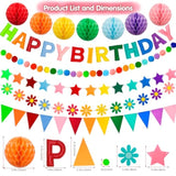 Happy Birthday Banner Set With Pre-Strung 3D Felt Happy Birthday Banner, Pom Pom Garland, Triangle Fabric Bunting, Five-Pointed Star And Sunflower Banner, 7 Pcs Honeycomb Balls