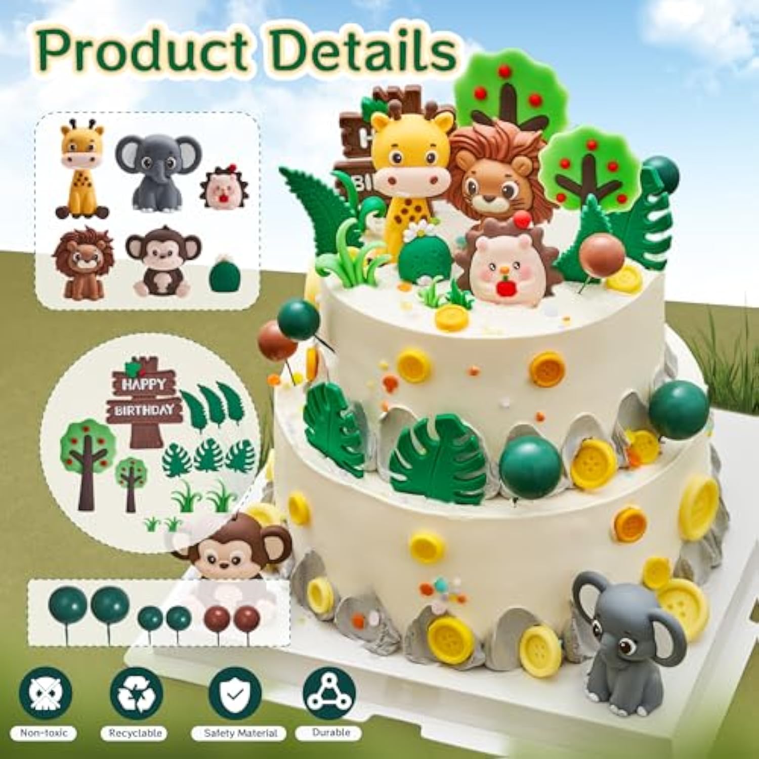 25Pcs Jungle Safari Cake Toppers Set - 3D Zoo Animals Cake Toppers With Trees & Leaves, Wild One Birthday Decor For Jungle Theme Parties Supplies, Safari Cake Decorations