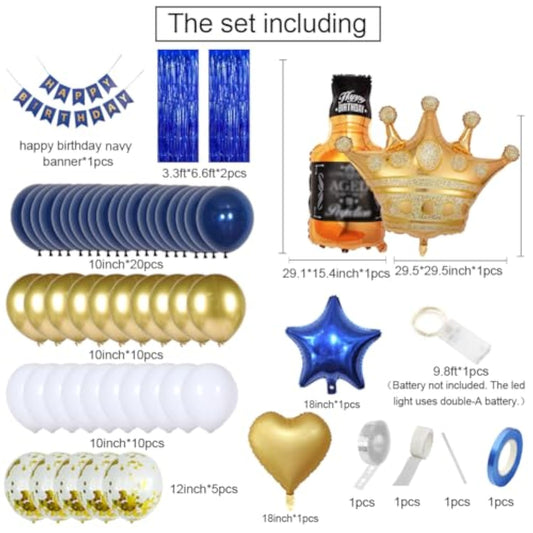 Navy Blue Birthday Decorations For Men With Happy Bithday Banner, Curtains, Bottle, Crown, Heart Star Balloons And Led Light For Birthday Party Supplies(Navy-Blue)
