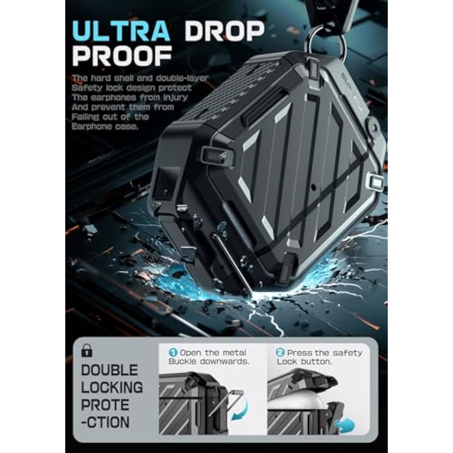 SUPCASE for AirPods 4 Case with Lock & Carabiner (Unicorn Beetle Pro), [IP68 Waterproof] [Military-Grade Protection] [Supports Wireless Charging] Anti-Scratch Hard Shell Waterproof Cover, Black