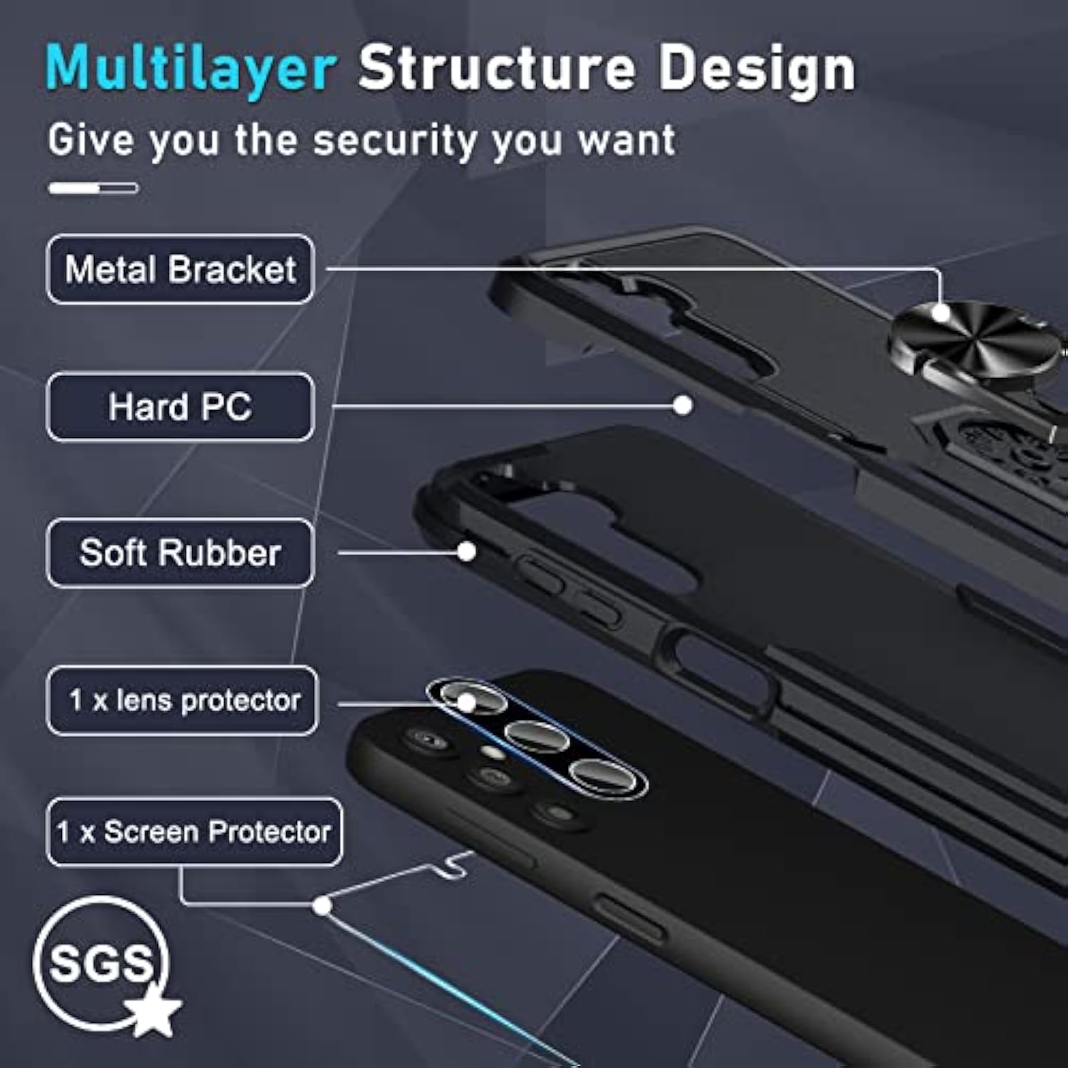 Compatible With Samsung Galaxy A14 5G Case With Screen Protector+Camera Lens Protector,Heavy Duty Full Body Phone Cover Built In Ring Holder Kickstand,2023 Black Matte