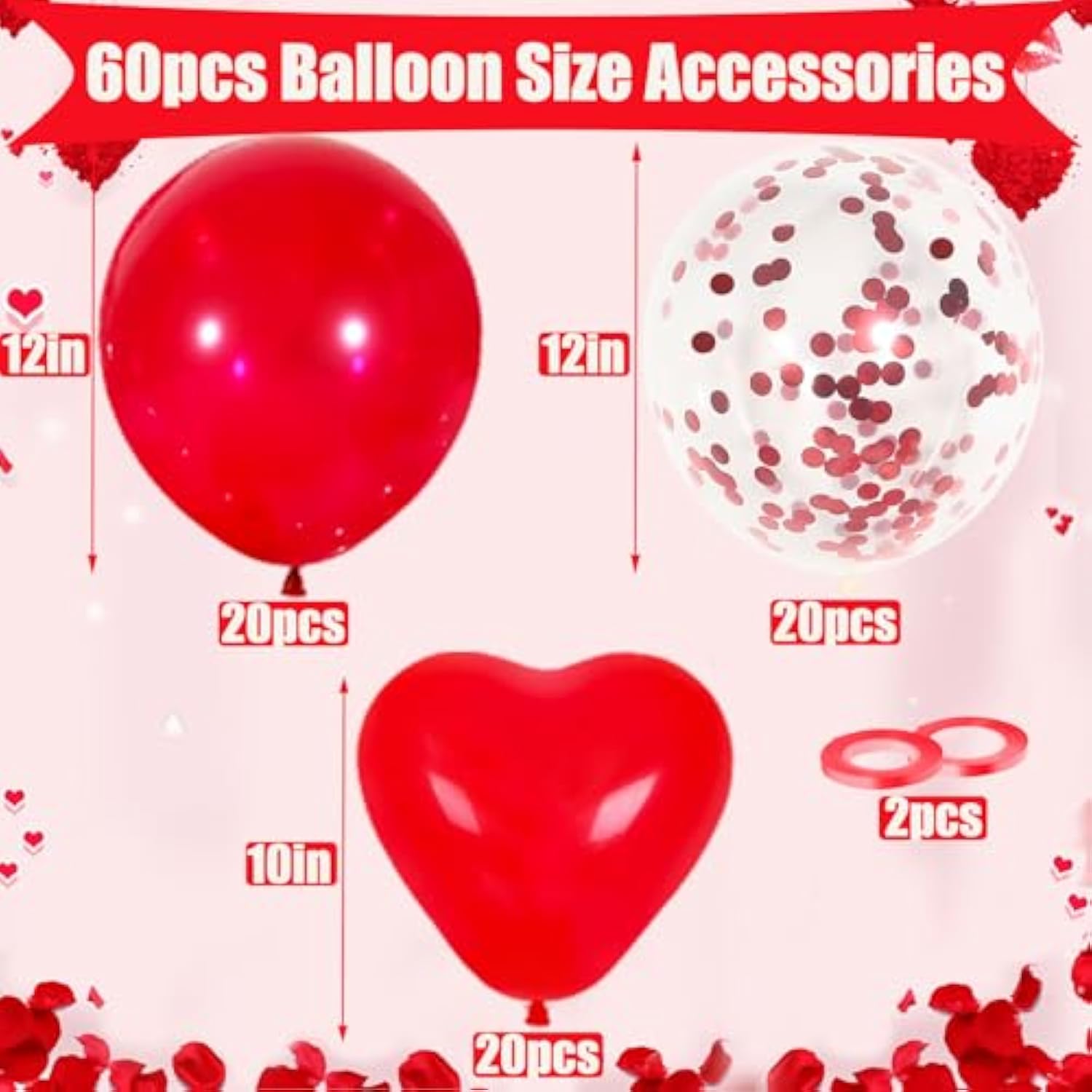 Red Balloons, 60 Pack Latex Heart And Confetti Balloons Wiht Red Ribbon For Birthday Graduation Baby Shower Valentines Christmas Wedding Party Decorations