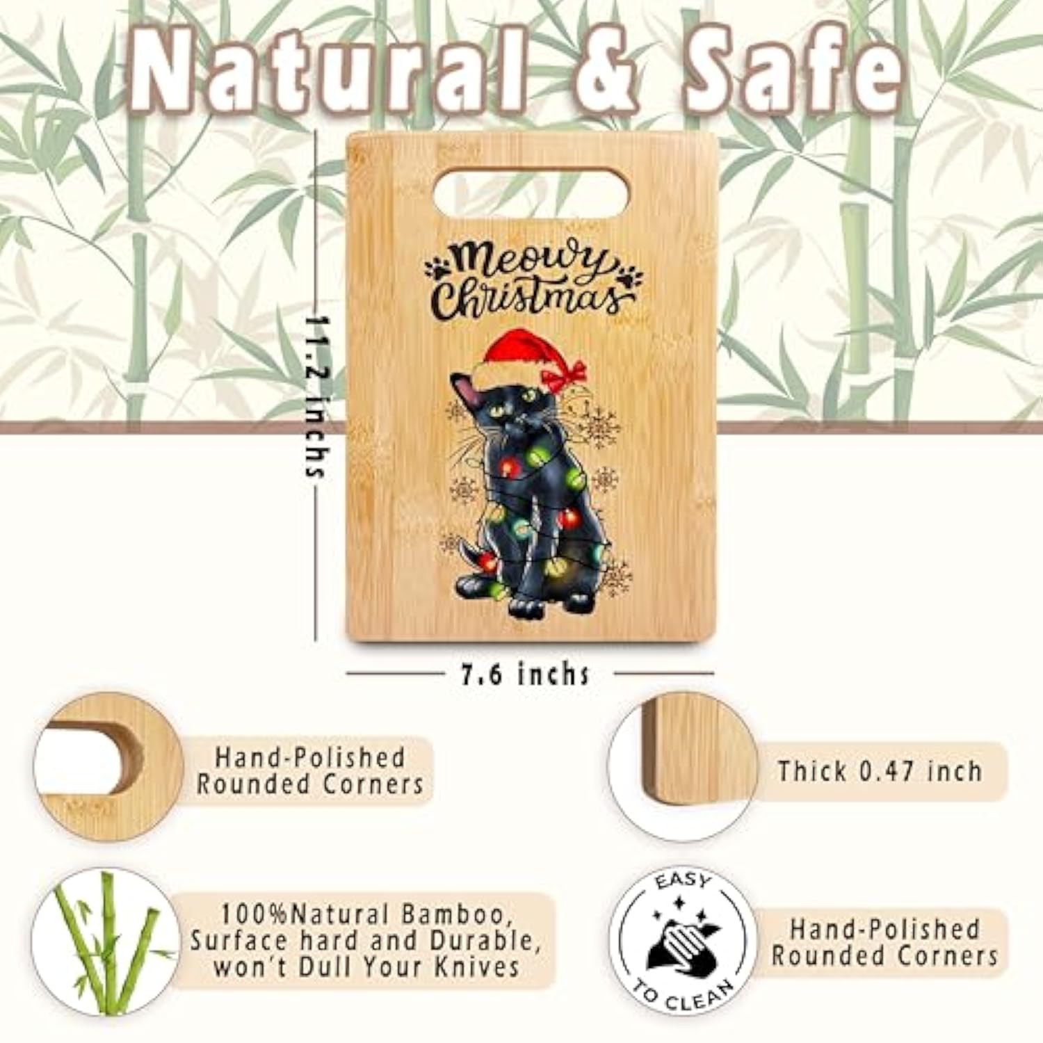 Black Cat Meowy Cutting Board - Merry Christmas Bamboo For Kitchen